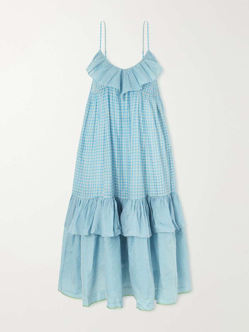 Eka Teek Ruffled Tiered Checkered Cotton Silk Dress