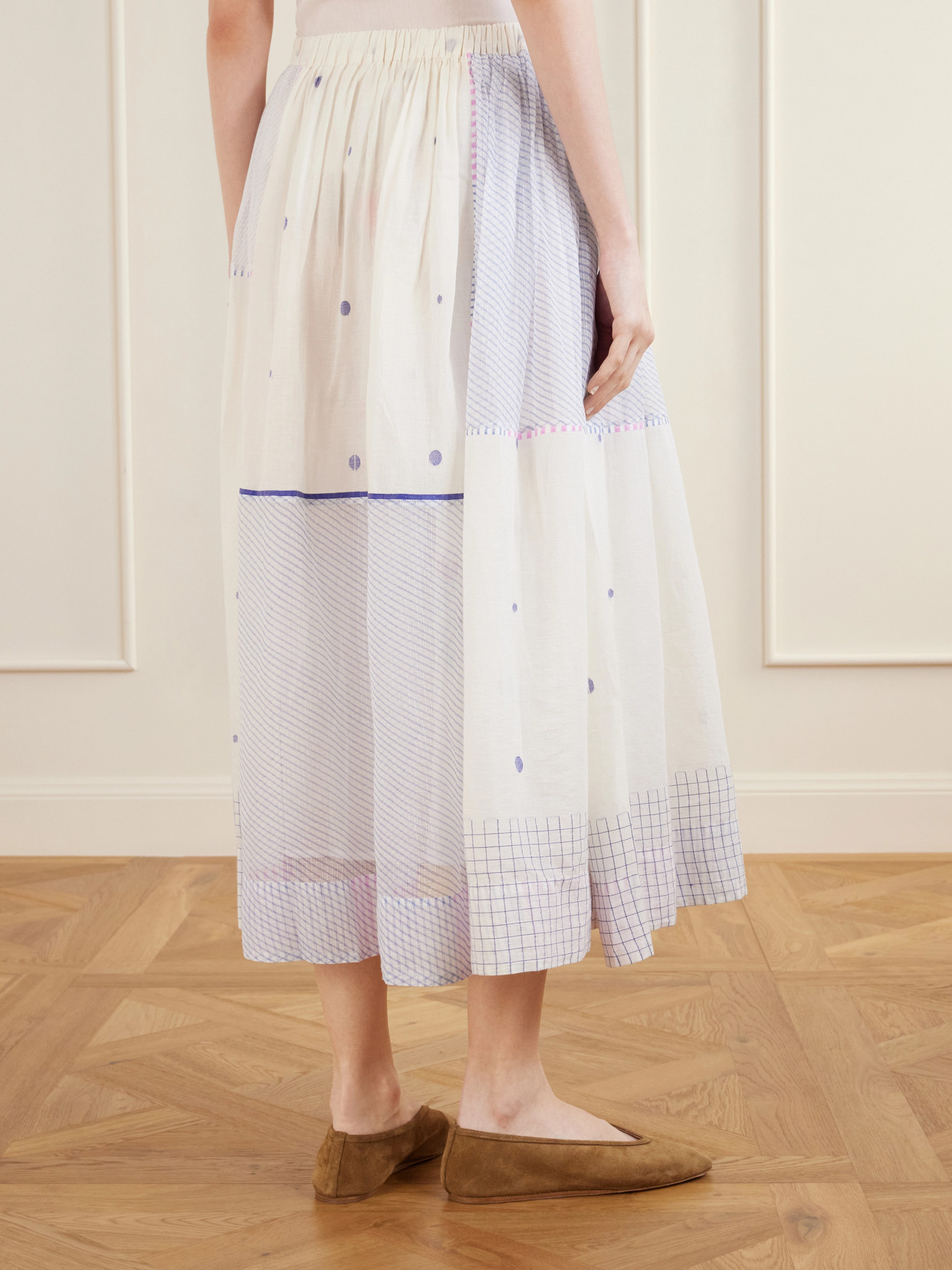 Gathered Striped Cotton-Jamdani Midi