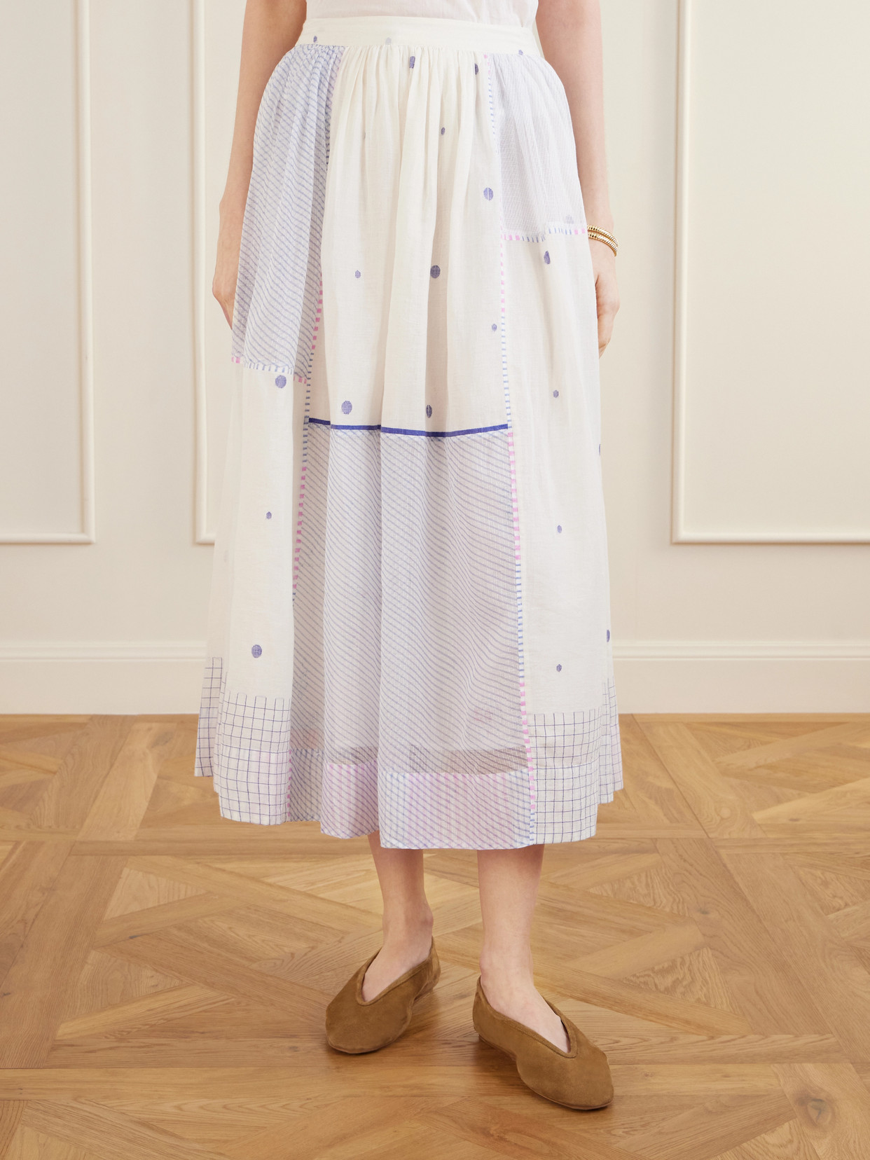 Gathered Striped Cotton-Jamdani Midi