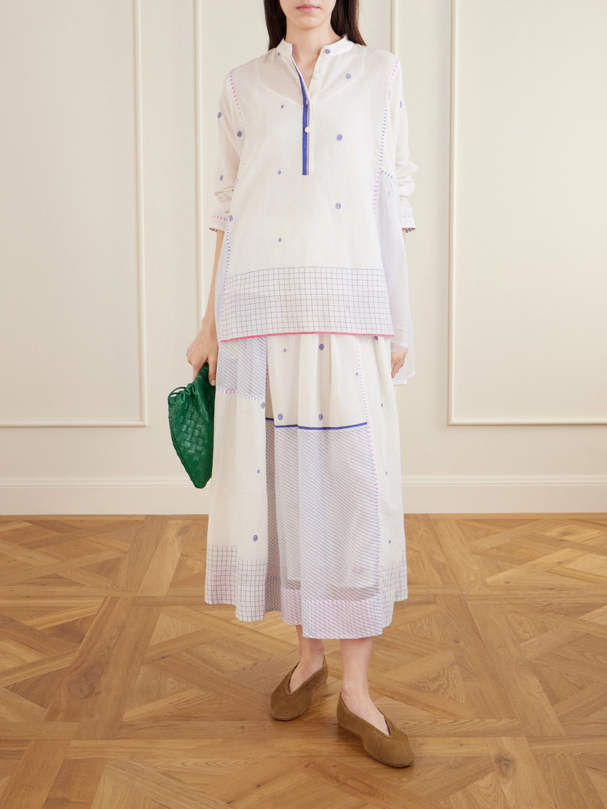 Gathered Striped Cotton-Jamdani Midi