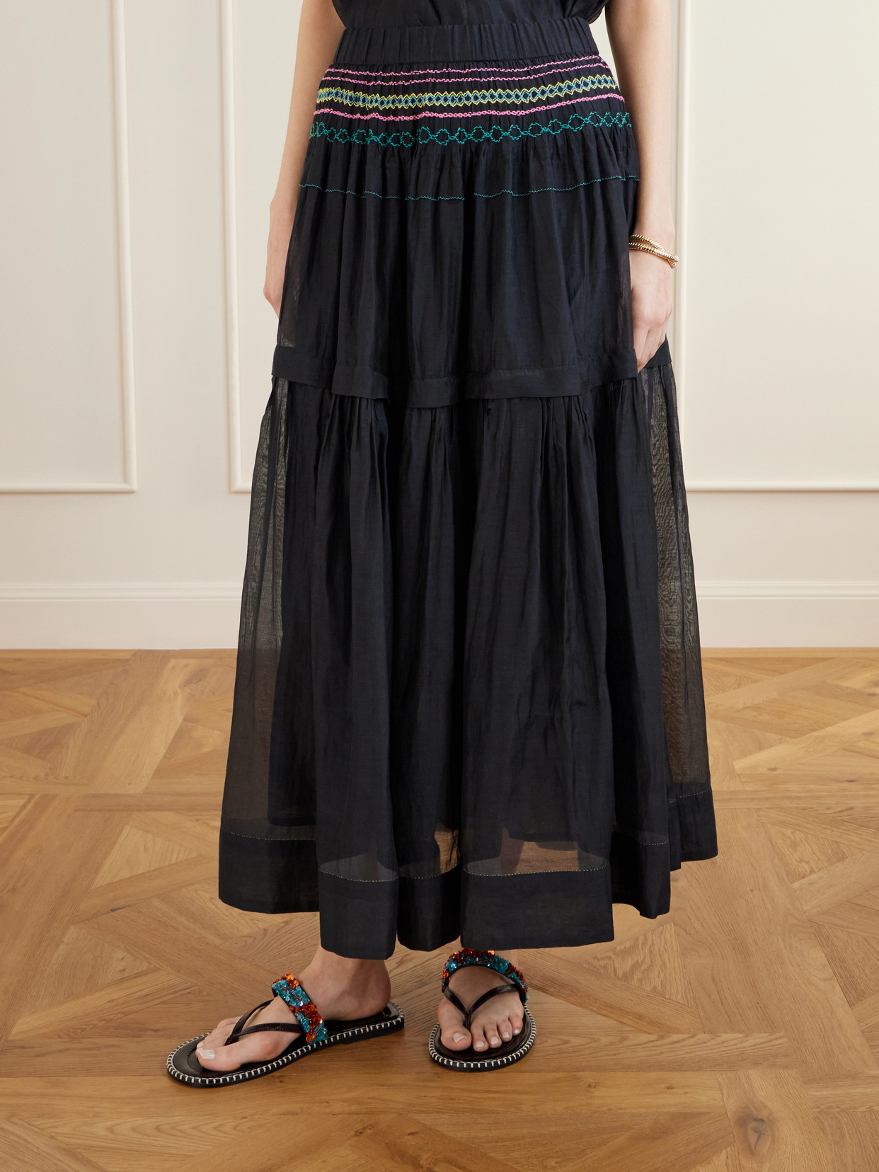 Munro Gathered Tiered Smocked Cotton And Silk-Blend Voile Midi