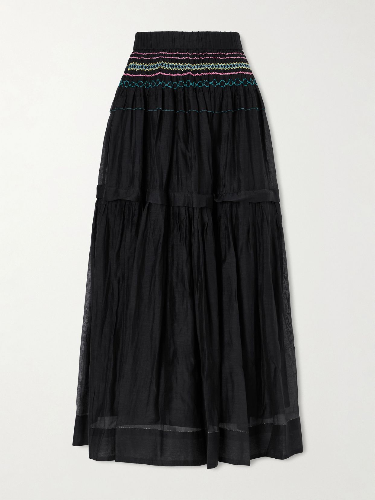 munro gathered tiered smocked cotton and silk blend voile midi skirt