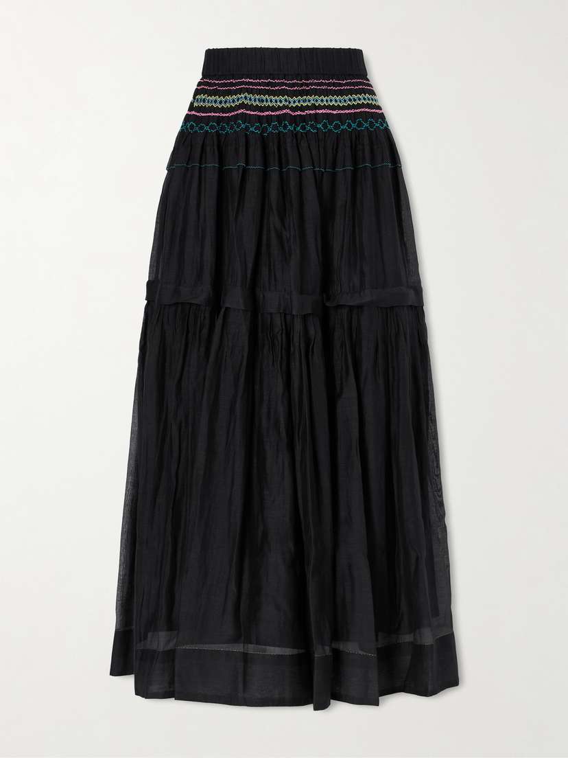 Eka Munro Gathered Tiered Smocked Cotton And Silk-blend Voile Midi Skirt