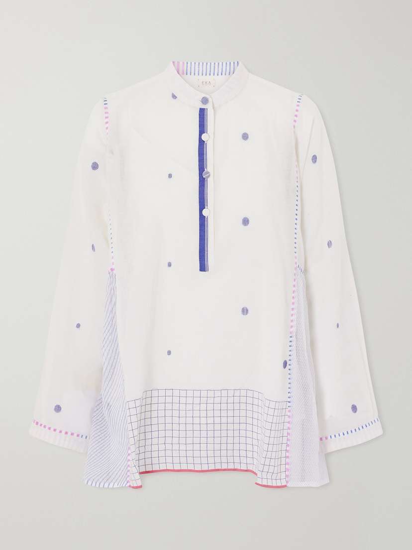 Eka Cosmos Handwoven Cotton-jamdani Blouse Patched With Printed Stripes
