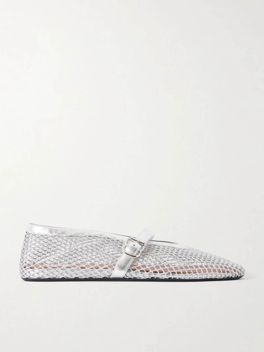 Metallic leather-trimmed mesh ballet flats