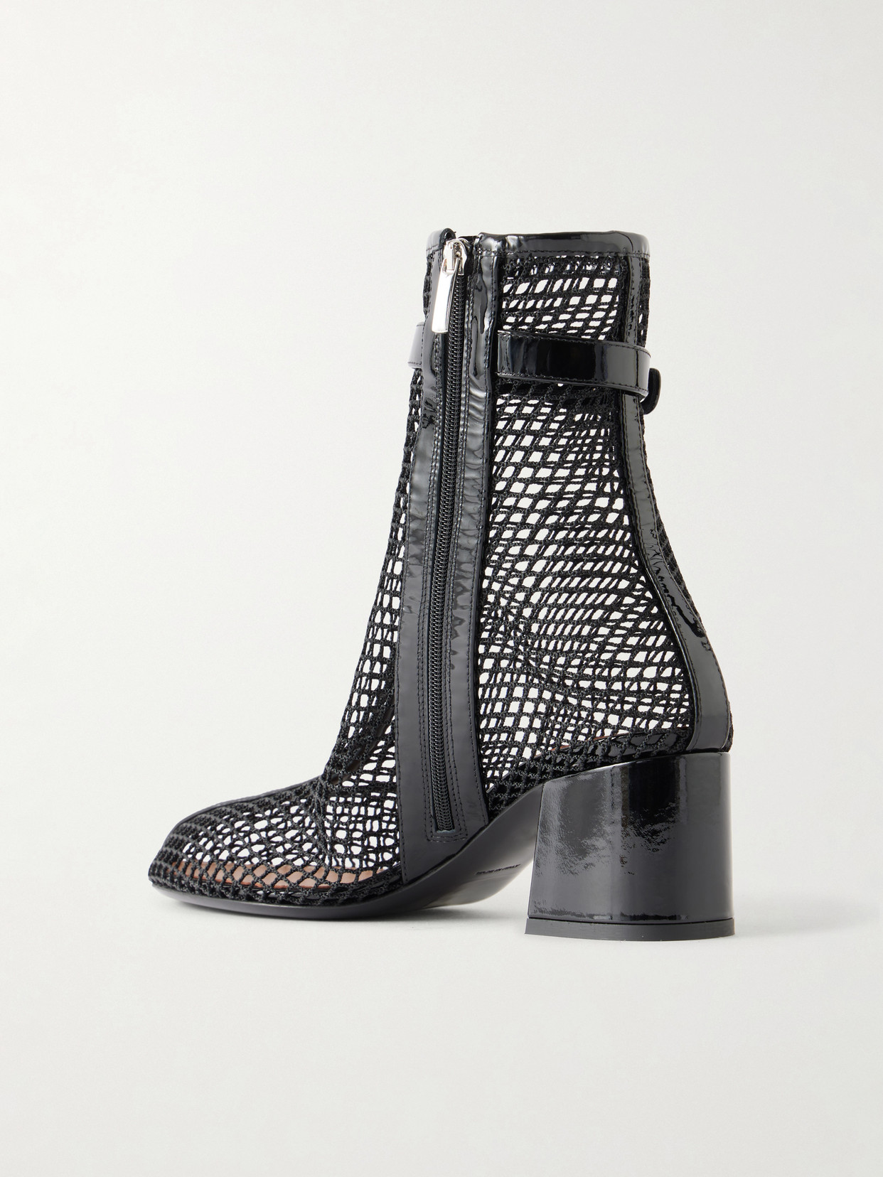 Alaïa Fishnet Patent Leather-trimmed Ankle Boots In Black