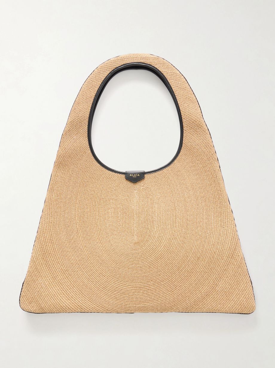 Leather-trimmed paper straw shoulder bag