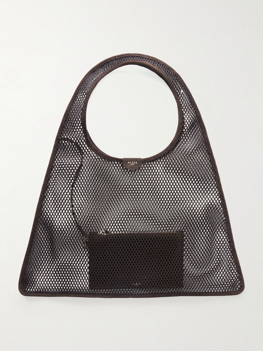 One Piece suede-trimmed mesh shoulder bag