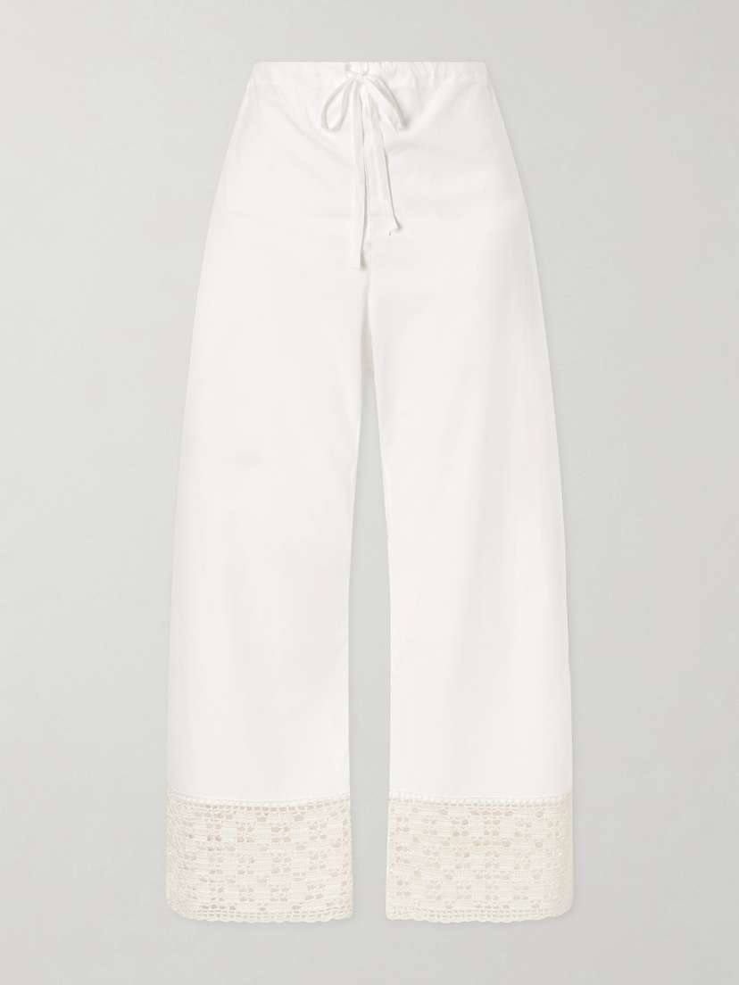 Calle Del Mar Heriloom Lace-trimmed Cotton-poplin Wide-leg Pants