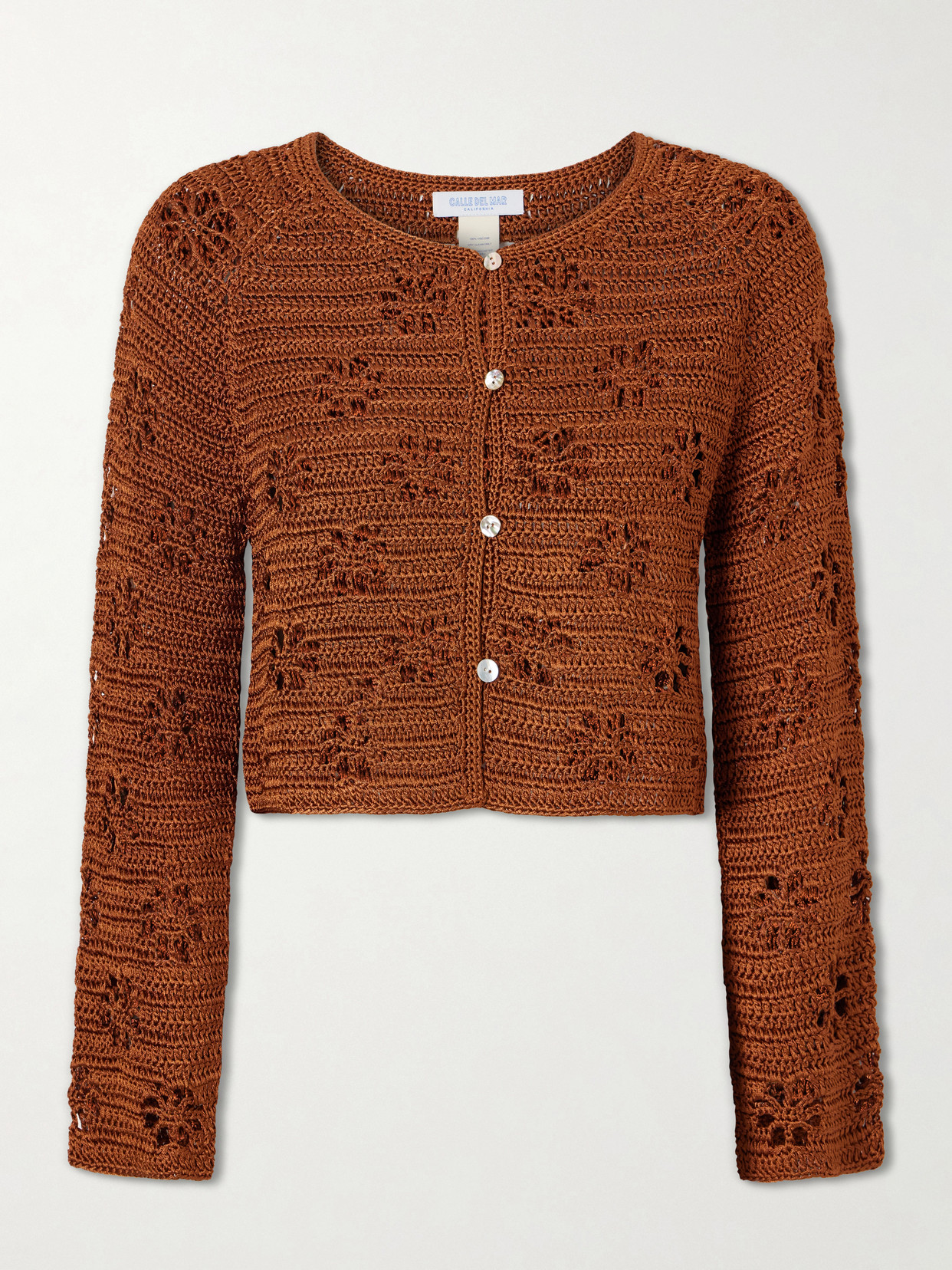 Calle Del Mar Cropped Crocheted Cardigan In Brown