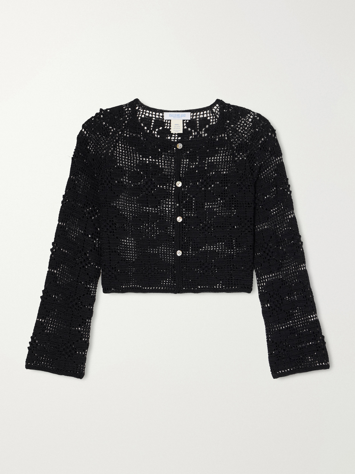 Calle Del Mar Daisy Chain Cropped Crocheted Cardigan In Black