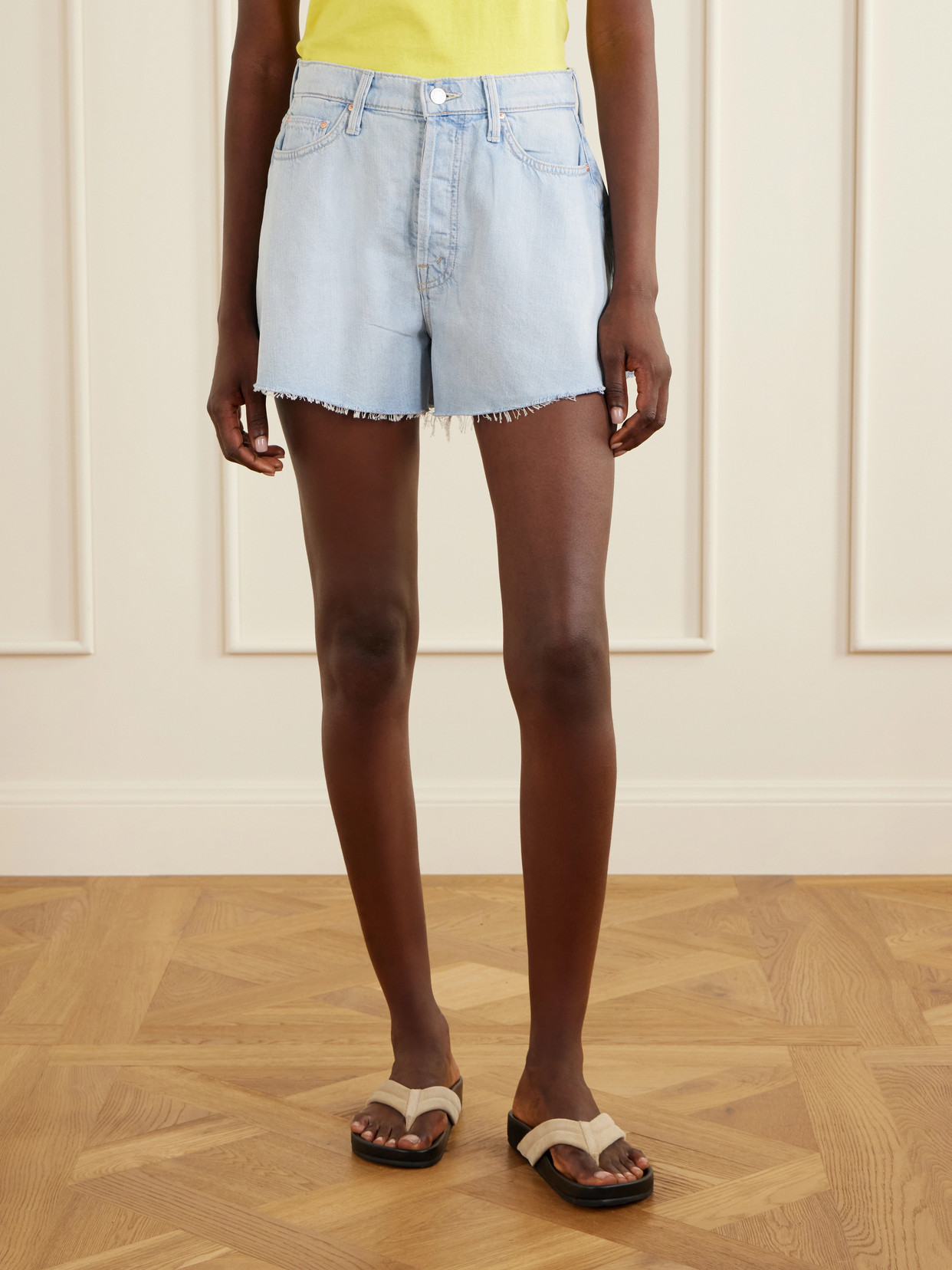 Mother The Flutter Frayed High Waist Flare Denim Shorts In Blue