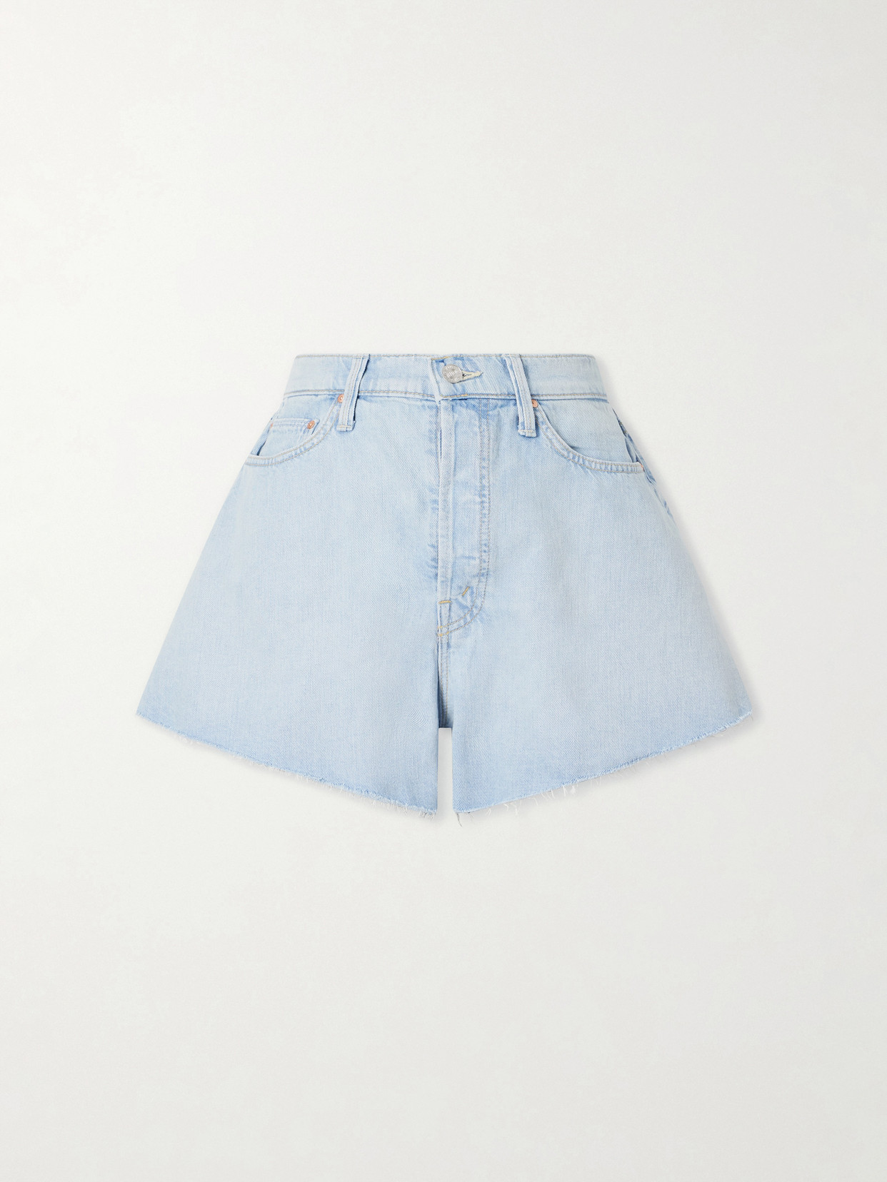 Mother The Flutter Frayed High Waist Flare Denim Shorts In Blue