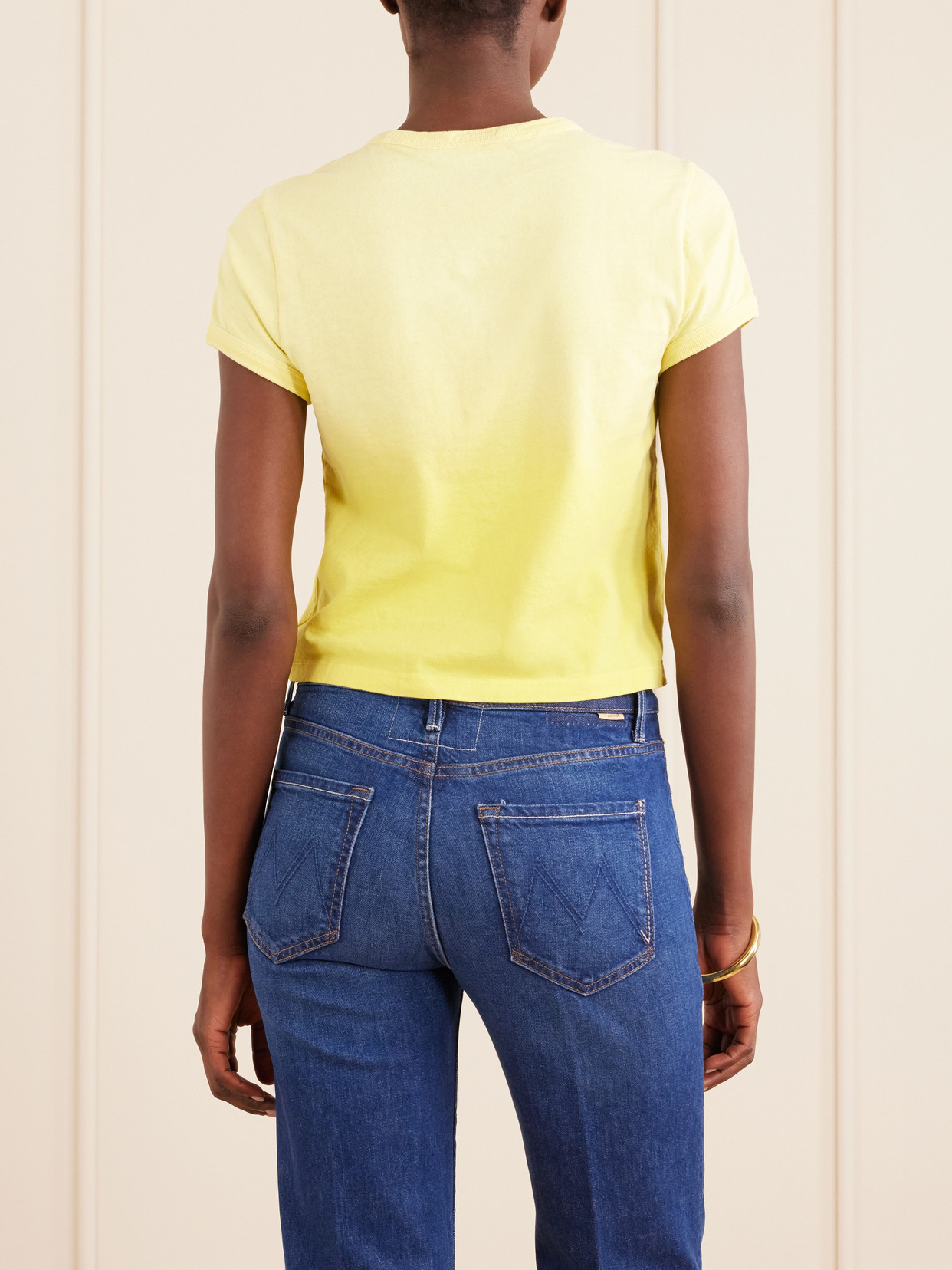 Mother Womens Desert Sun Palm The Itty Bitty Ringer Graphic-print Cotton T-shirt Xs In Yellow