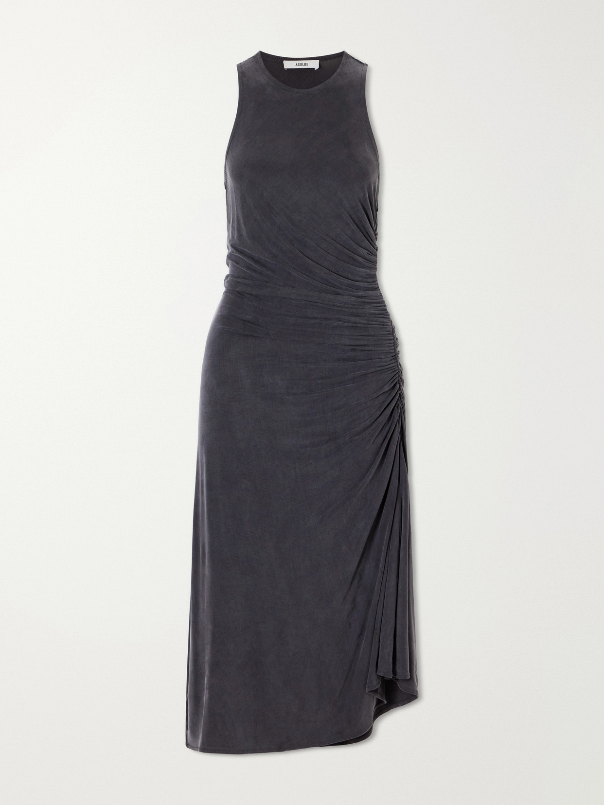 Agolde Ruched Stretch-jersey Midi Dress In Blue