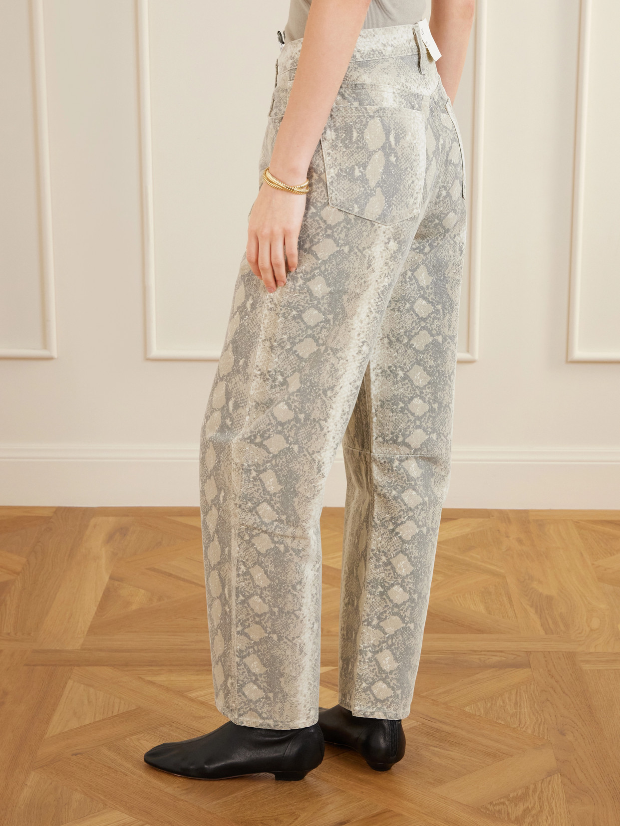 Miro Long Snake-Print Mid-Rise Barrel-Leg Jeans