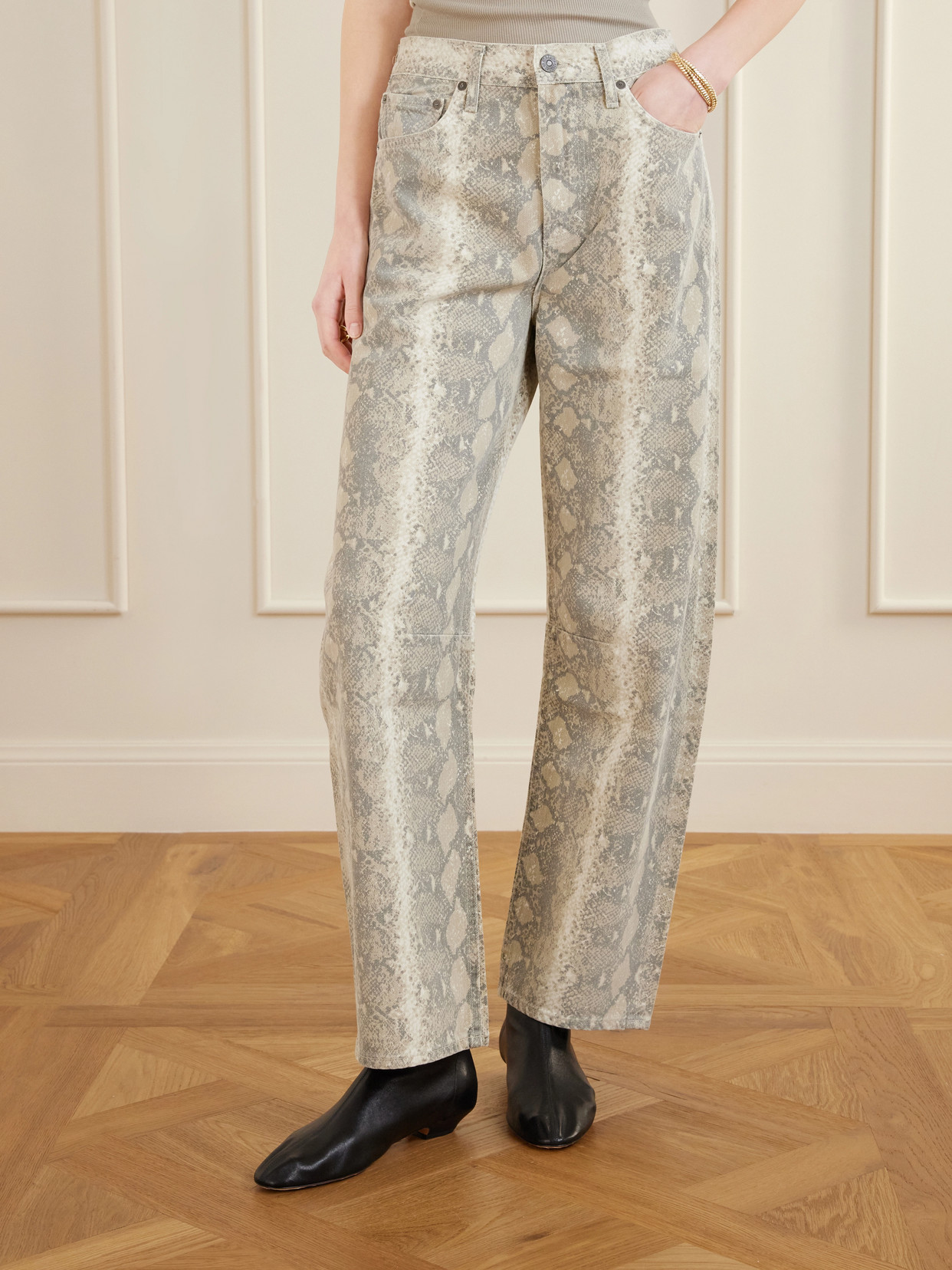 Miro Long Snake-Print Mid-Rise Barrel-Leg Jeans