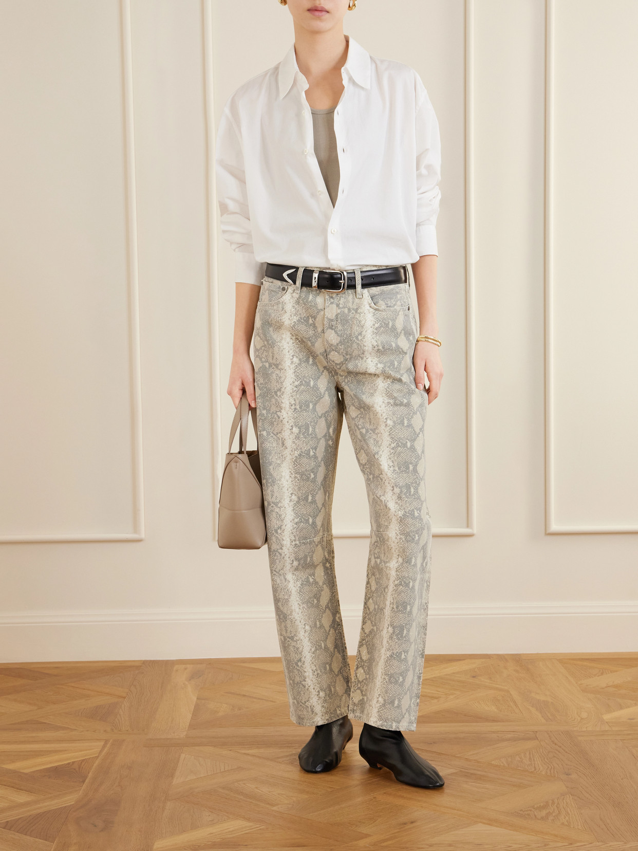 Miro Long Snake-Print Mid-Rise Barrel-Leg Jeans