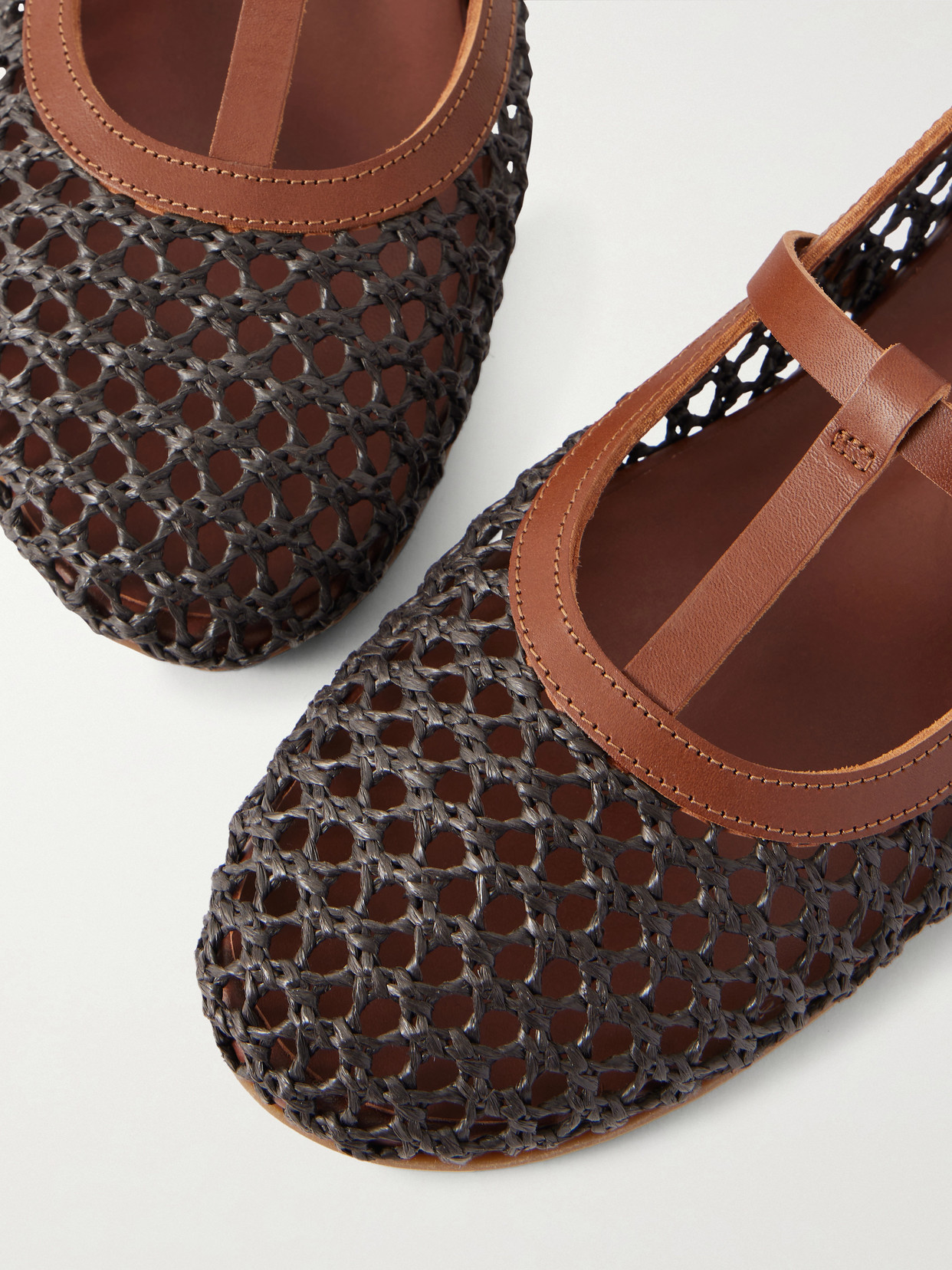 Aerati Leather-Trimmed Woven Raffia Ballet Flats