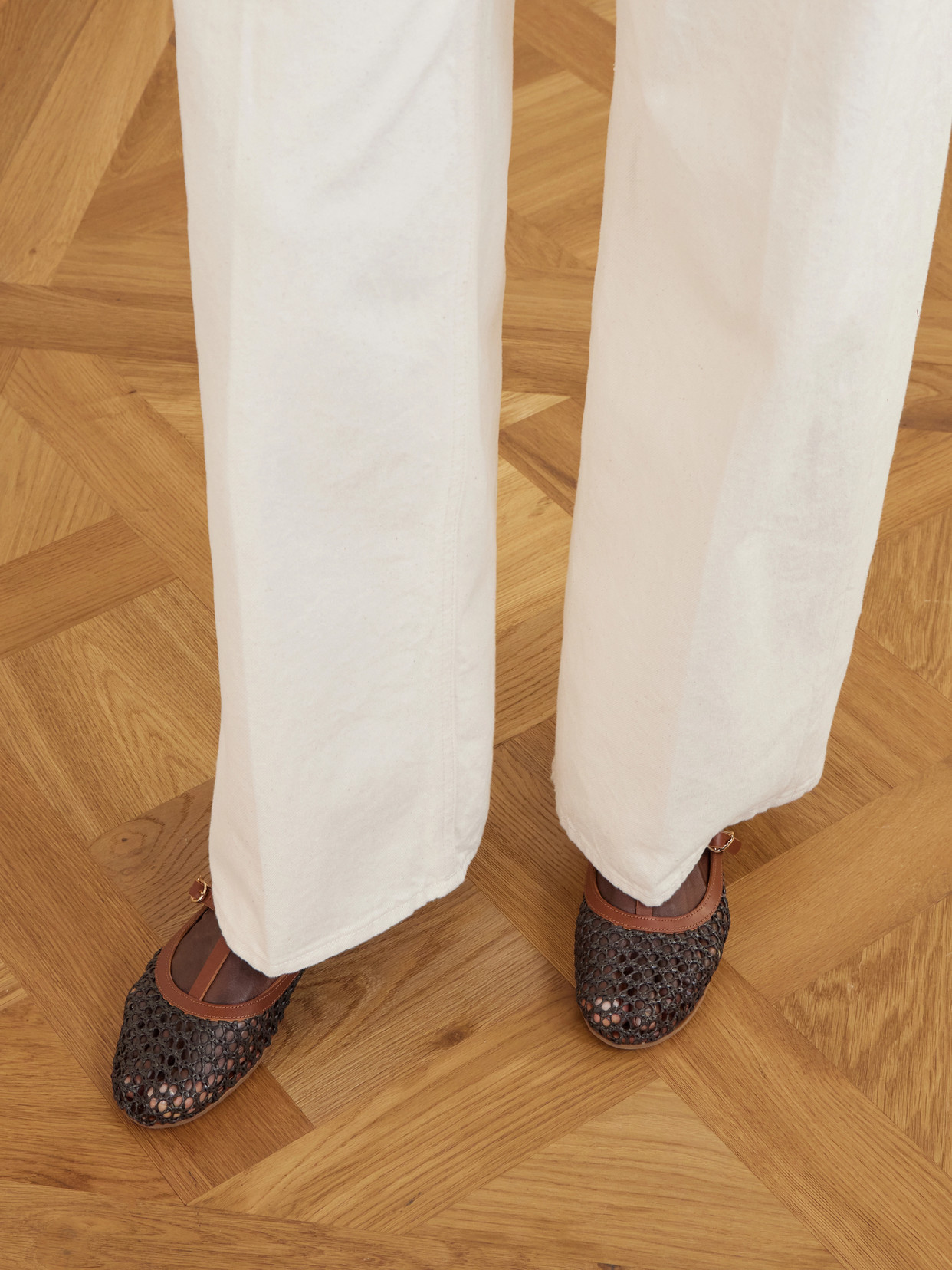 Aerati Leather-Trimmed Woven Raffia Ballet Flats