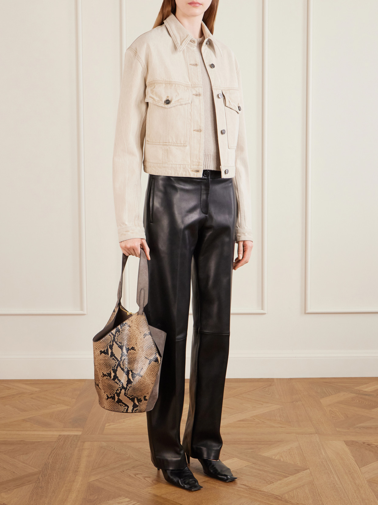 Lotus Small Suede-Trimmed Snake-Effect Leather Tote