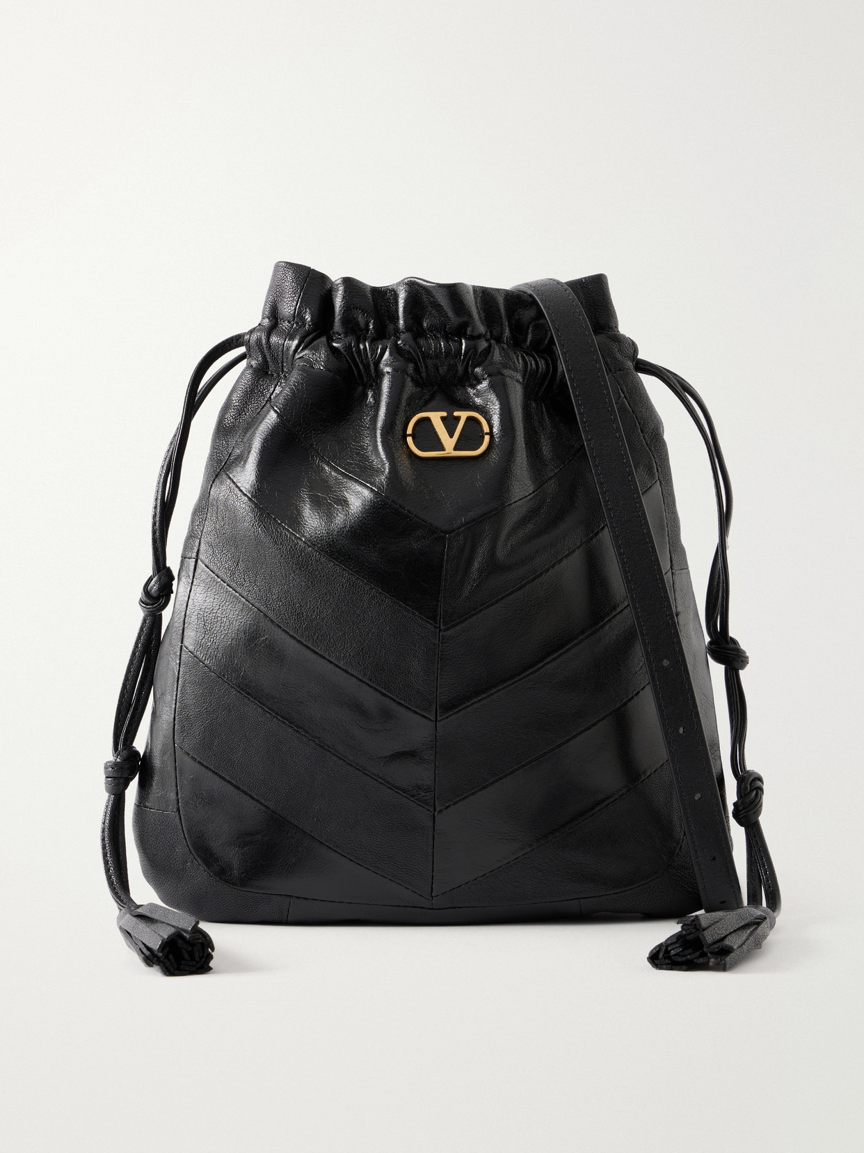 Valentino Garavani Buckette Logo-embellished Drawstring Leather Shoulder Bag In Black
