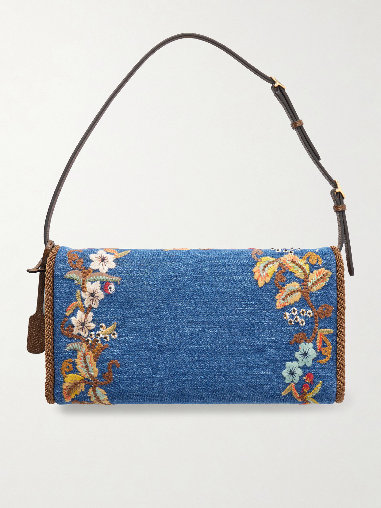 Garavani - Devain Small Leather-Trimmed Embroidered Denim Shoulder Bag