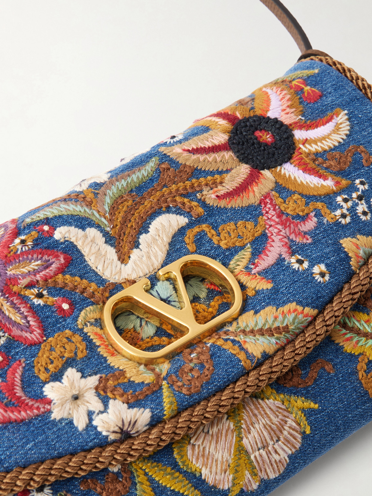 Garavani - Devain Small Leather-Trimmed Embroidered Denim Shoulder Bag