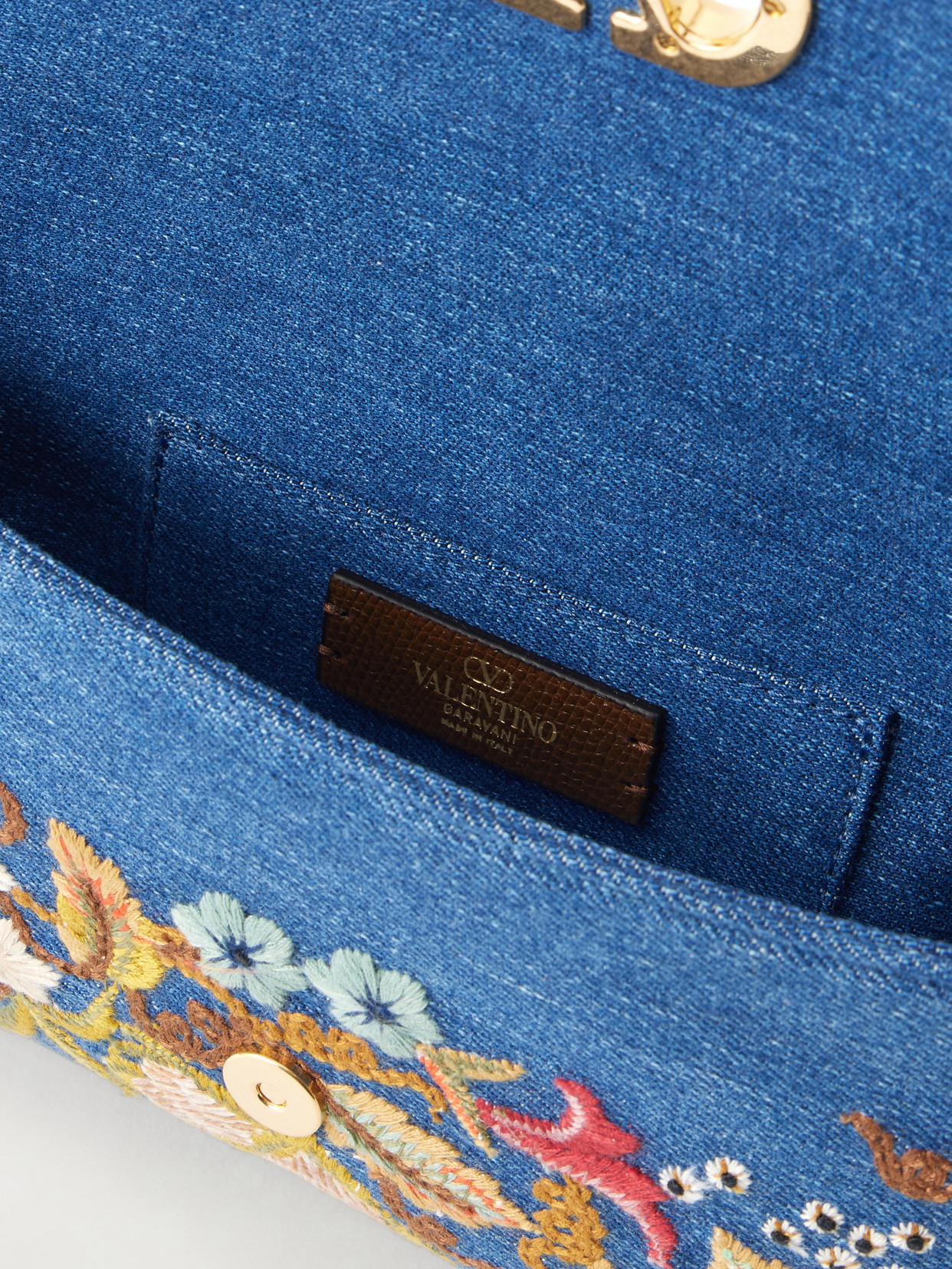 Garavani - Devain Small Leather-Trimmed Embroidered Denim Shoulder Bag