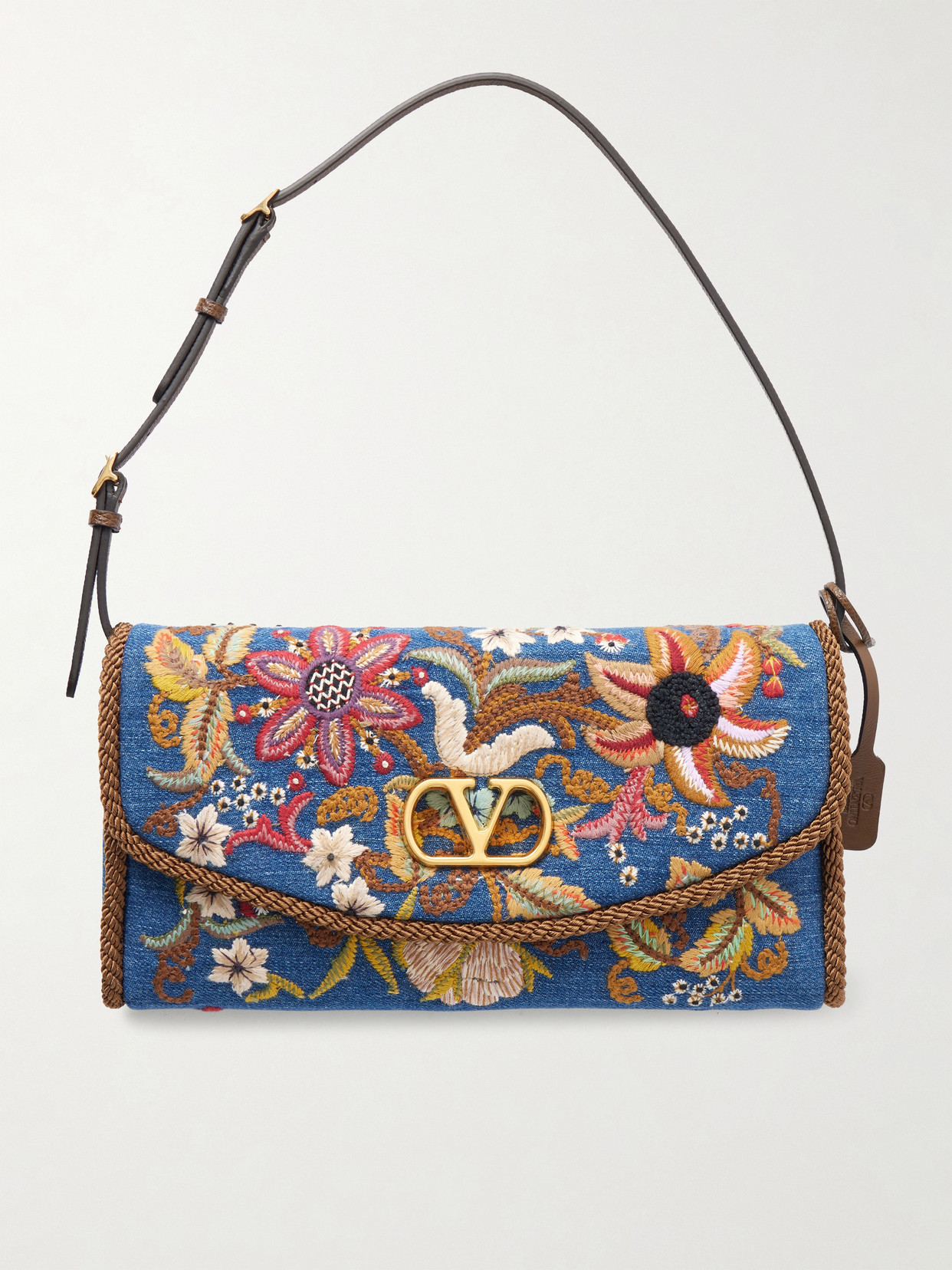 Garavani - Devain Small Leather-Trimmed Embroidered Denim Shoulder Bag
