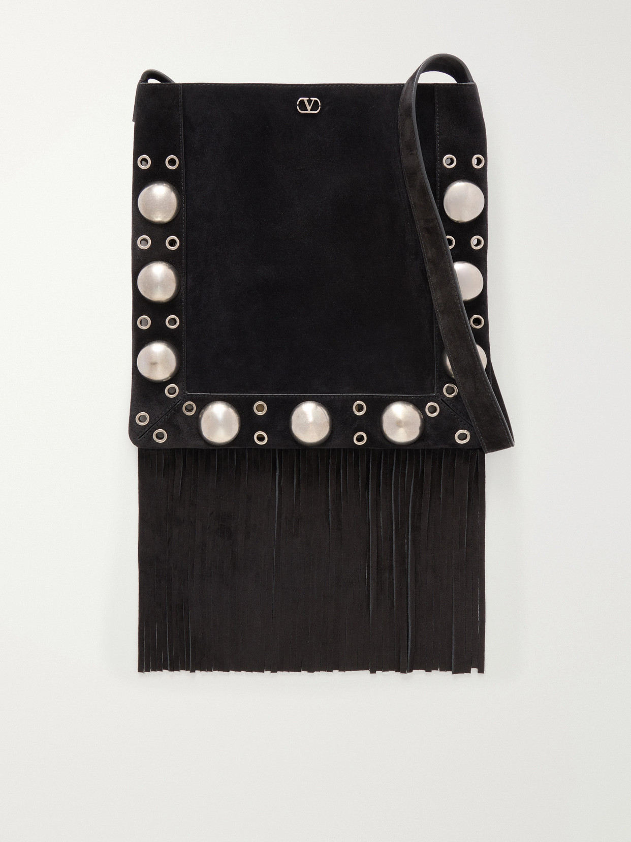 Valentino Garavani Nellcote Medium Fringed Studded Suede Shoulder Bag In Black