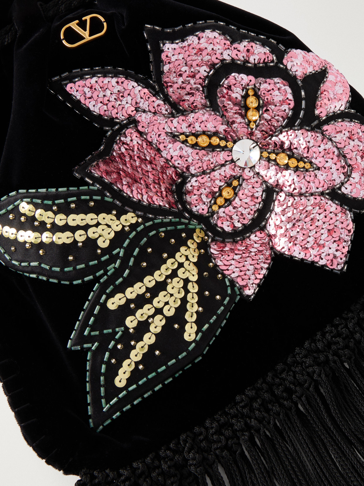 Garavani - Sequin And Bead-Embellished Fringed Velvet Drawstring Shoulder Bag