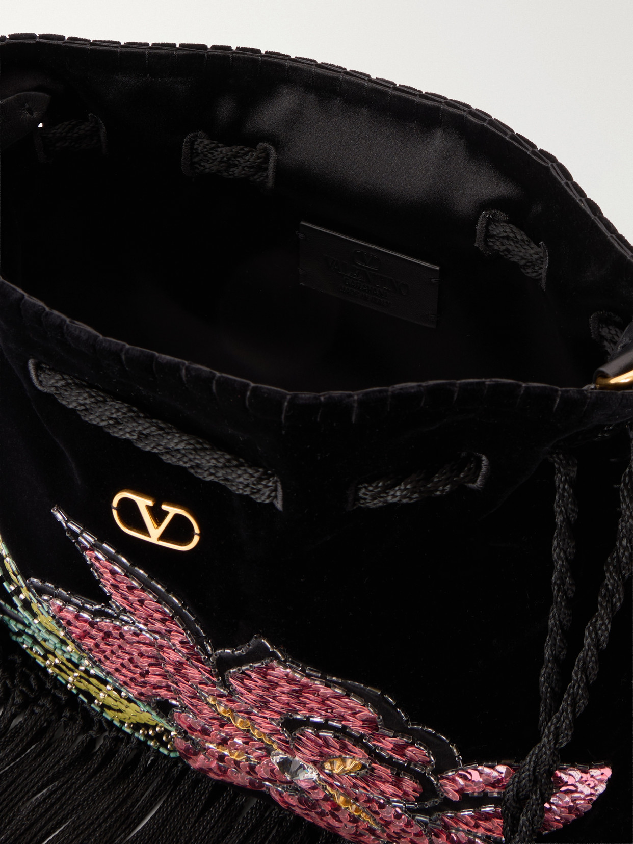 Garavani - Sequin And Bead-Embellished Fringed Velvet Drawstring Shoulder Bag