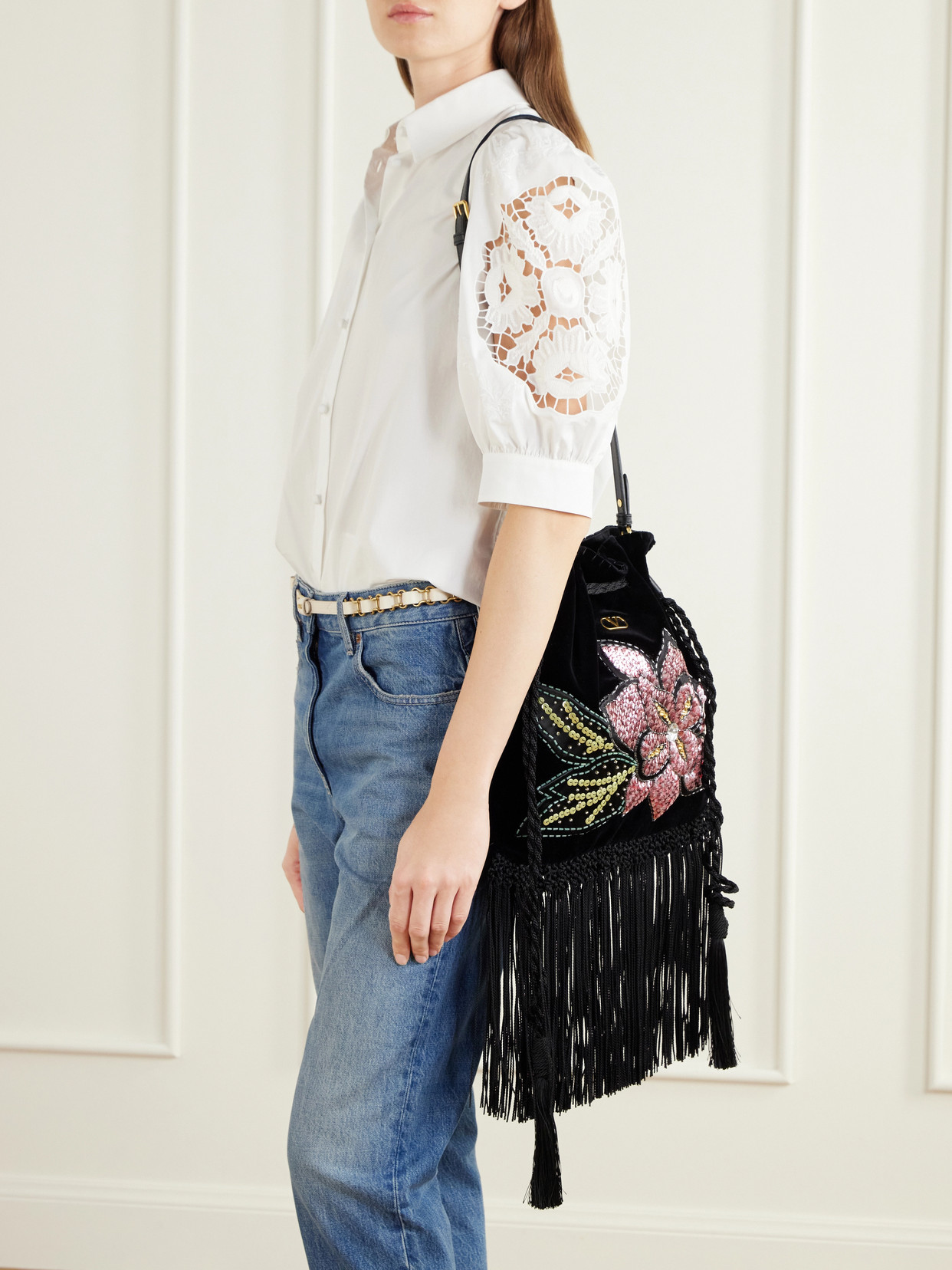 Garavani - Sequin And Bead-Embellished Fringed Velvet Drawstring Shoulder Bag