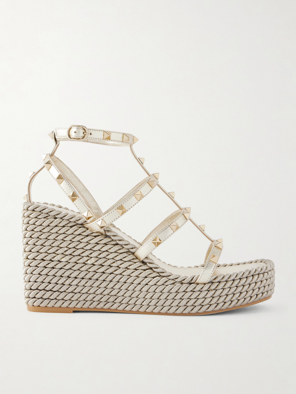 Valentino Garavani Rockstud Tourchon Metallic Leather Espadrille Wedge Sandals In Gold