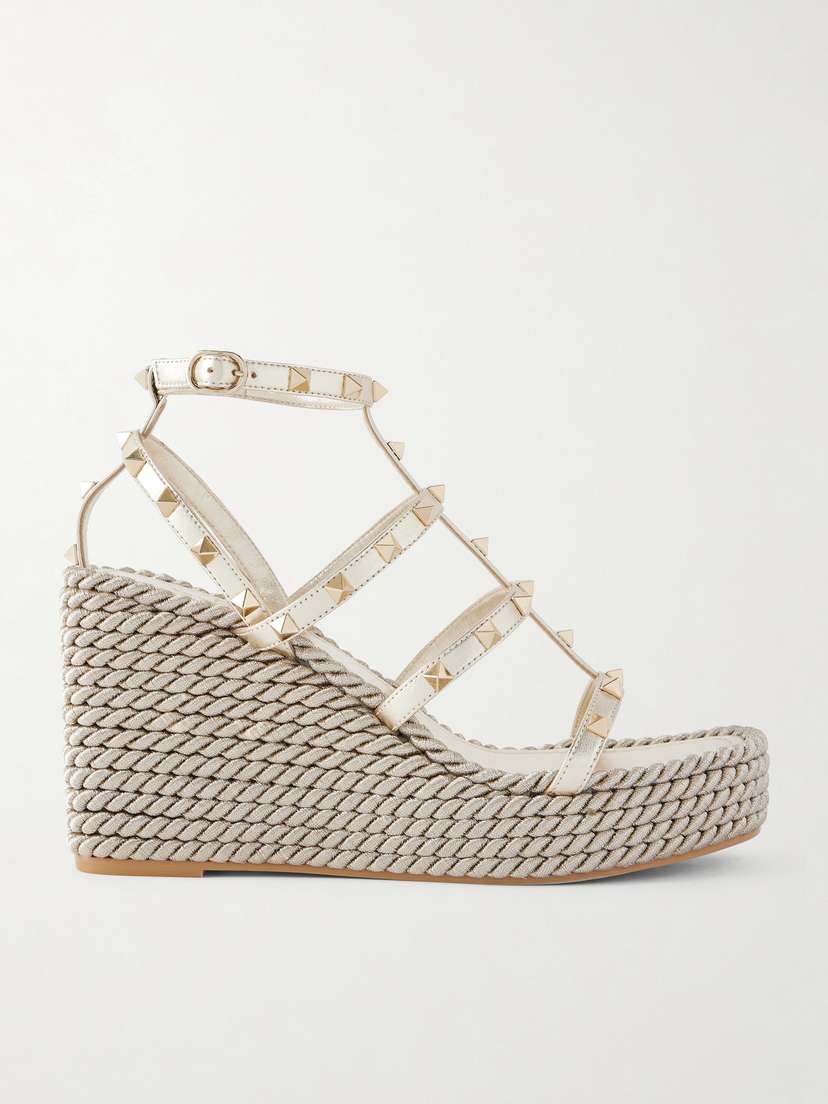Valentino Garavani Rockstud Tourchon Metallic Leather Espadrille Wedge Sandals