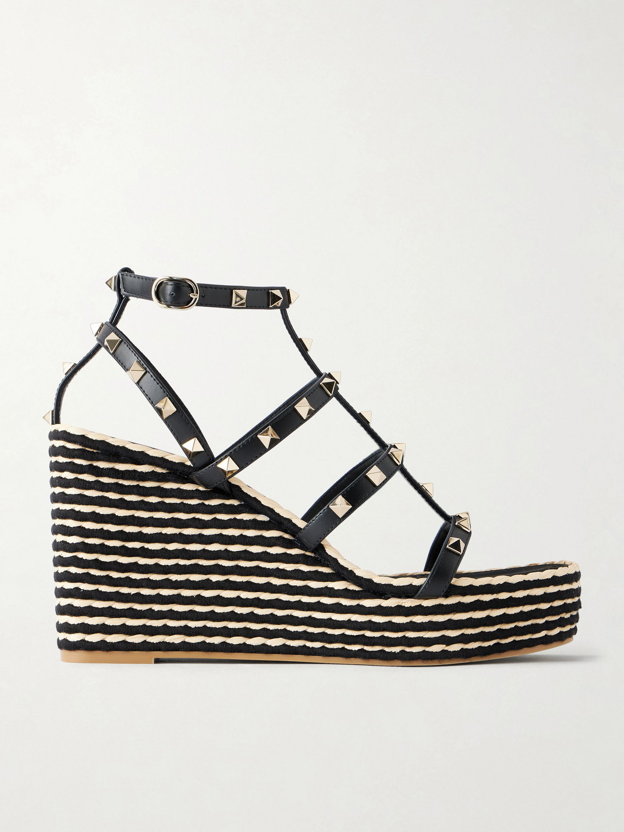 Valentino Garavani Rockstud Embellished Leather Wedge Espadrilles In Black