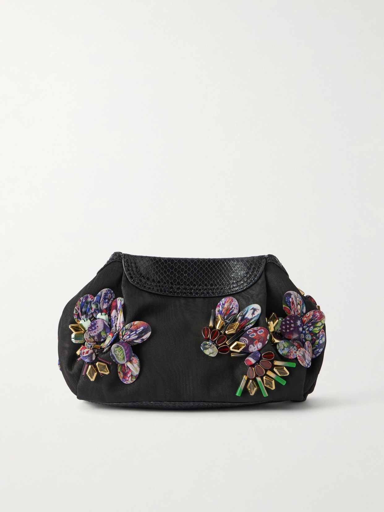 Dries Van Noten Bead-embellished Snake-effect Leather-trimmed Clutch In Black