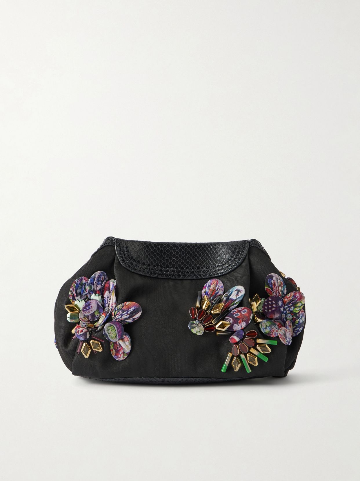 Bead-embellished snake-effect leather-trimmed clutch