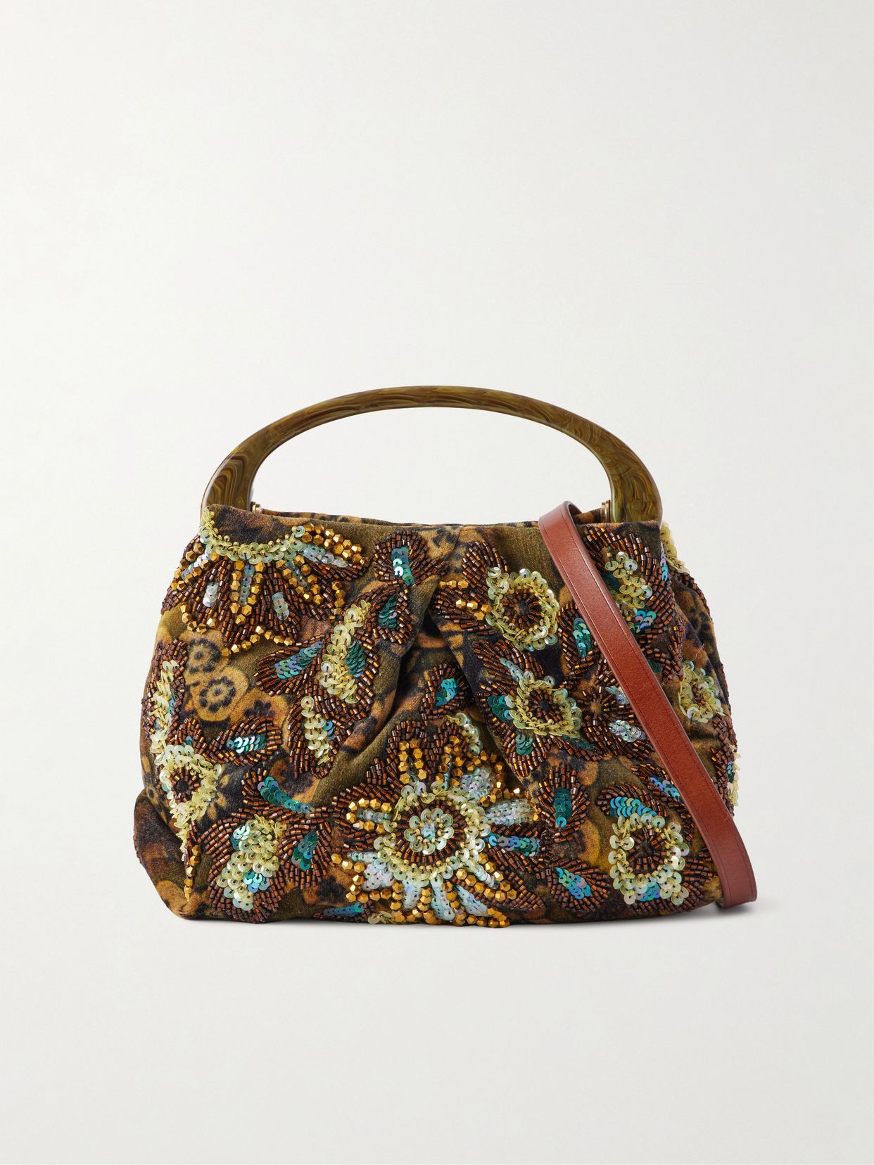 Bead-embellished printed leather-trimmed velvet shoulder bag
