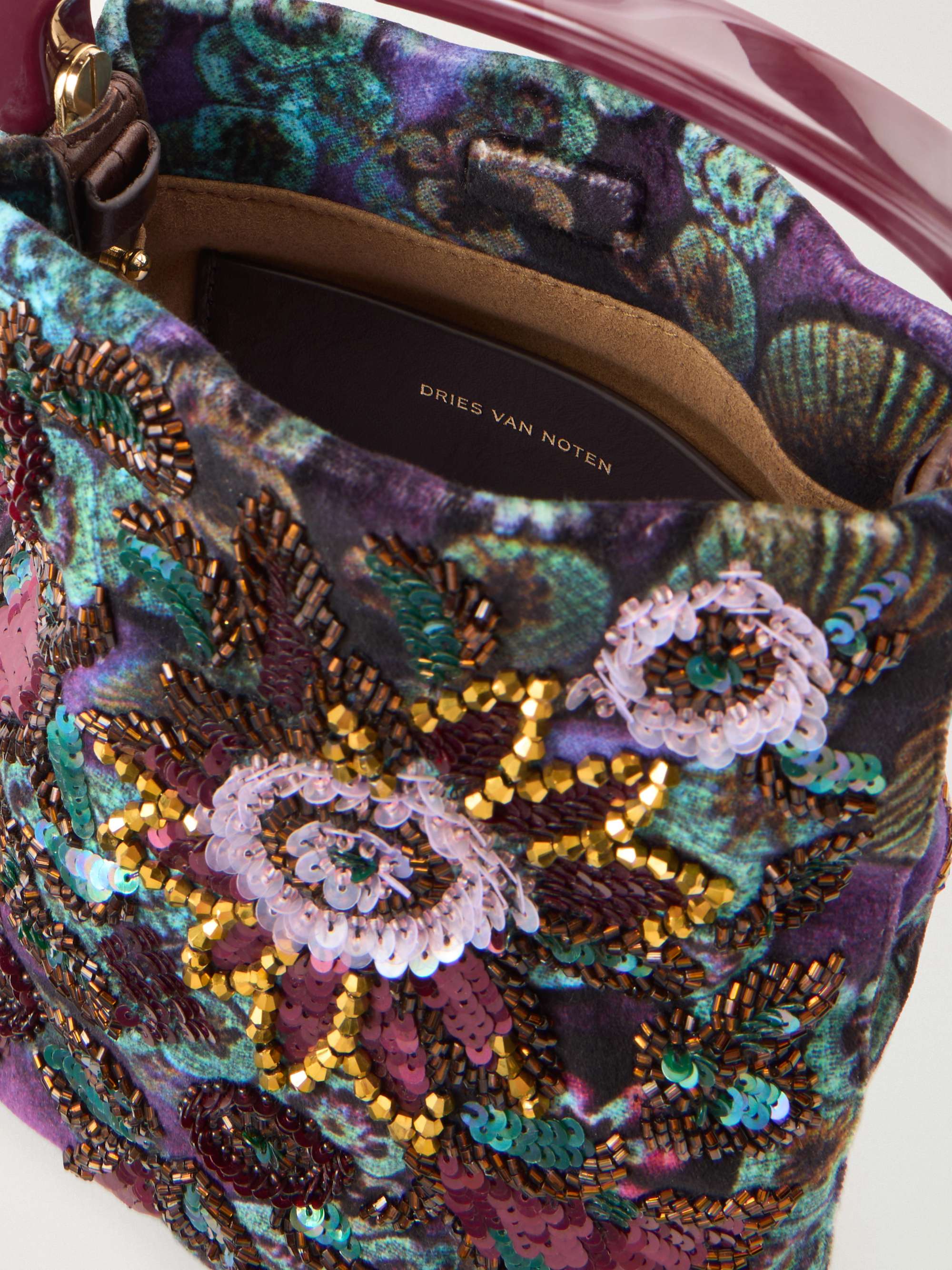 DRIES VAN NOTEN Bead-embellished printed leather-trimmed velvet