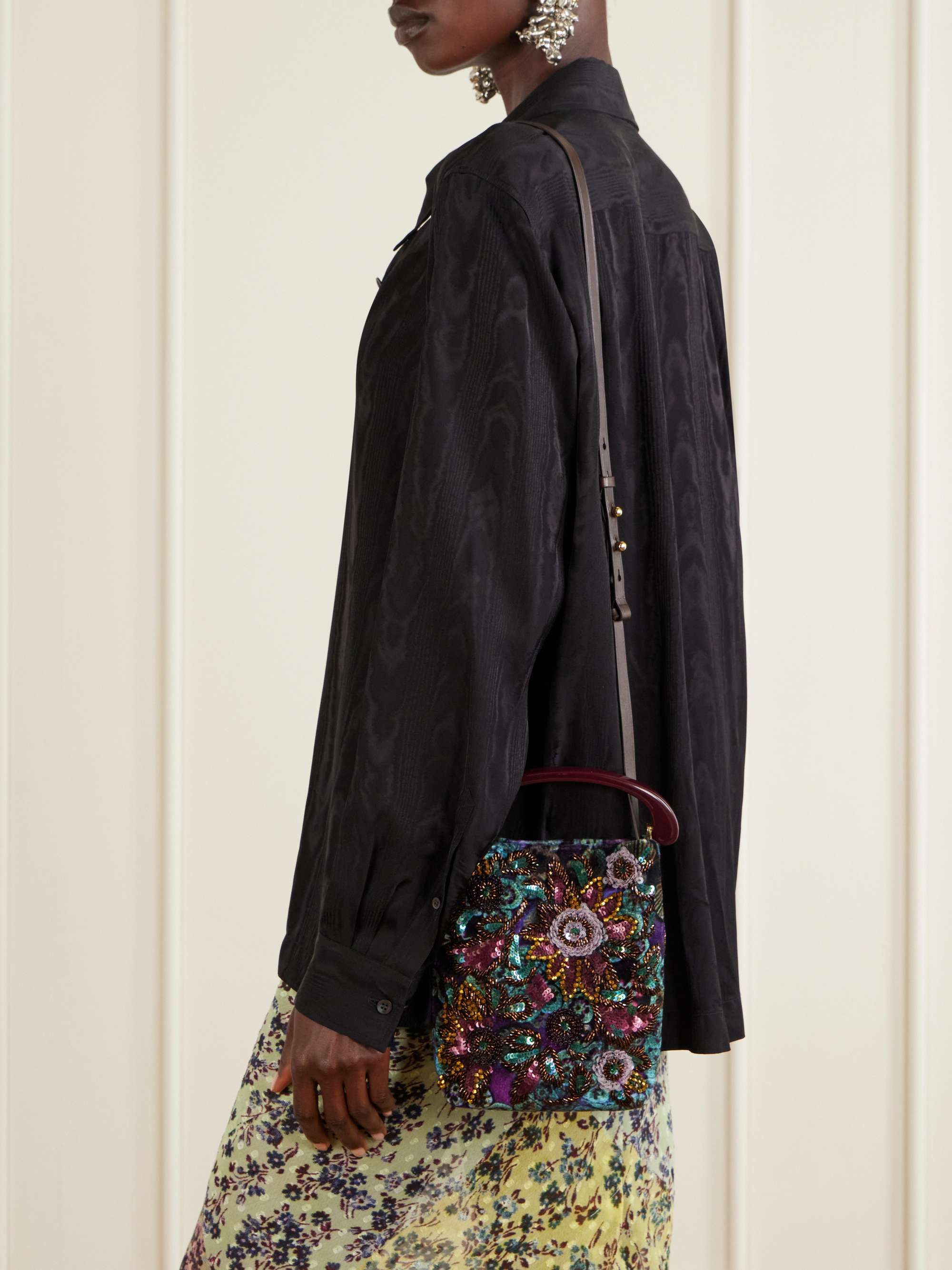 DRIES VAN NOTEN Bead-embellished printed leather-trimmed velvet