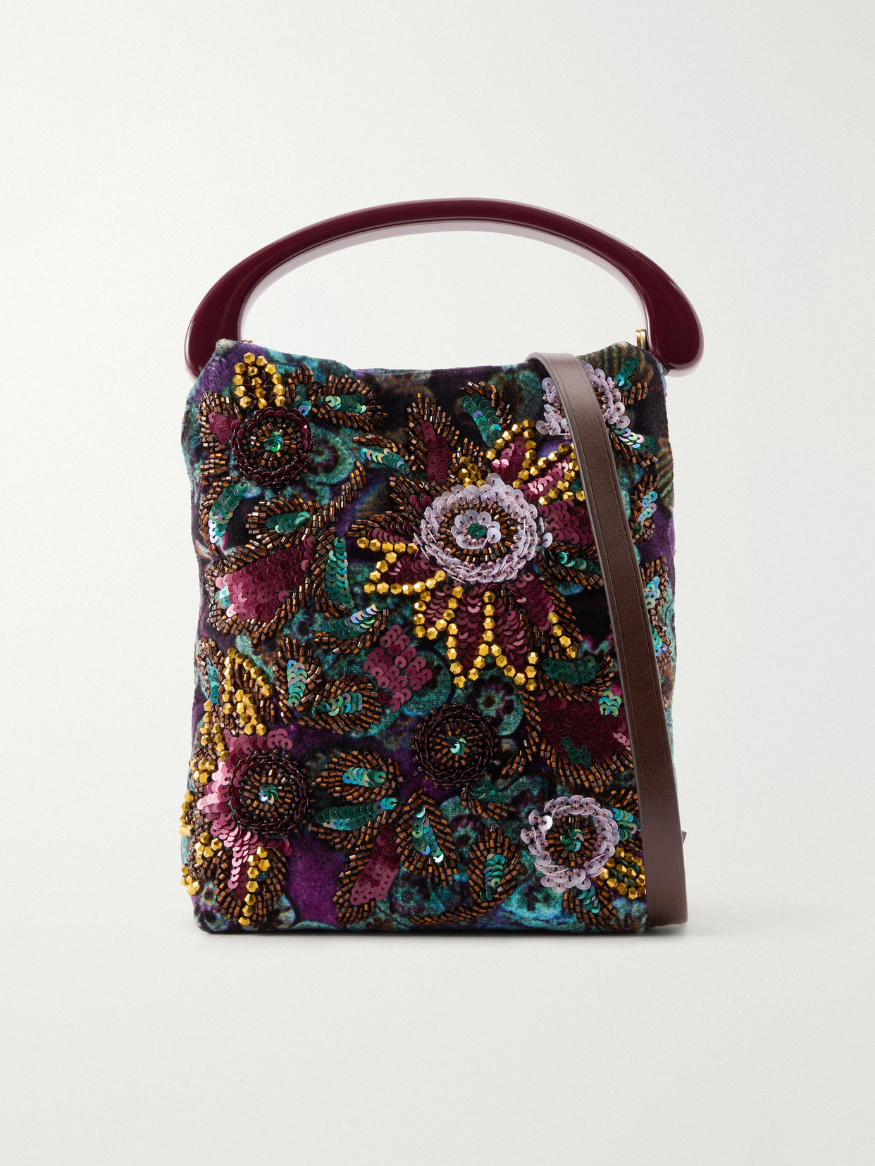 Dries Van Noten Bead-embellished Printed Leather-trimmed Velvet Tote In Green