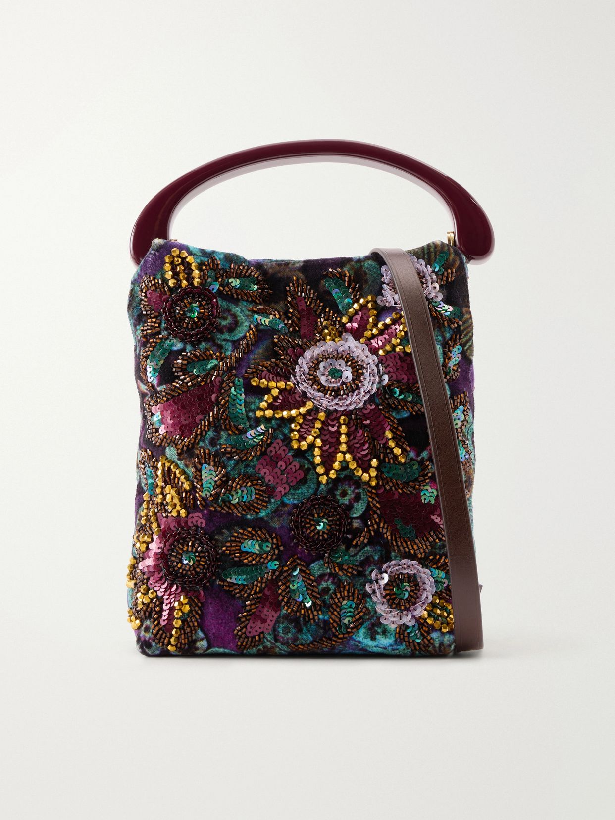 Bead-embellished printed leather-trimmed velvet tote