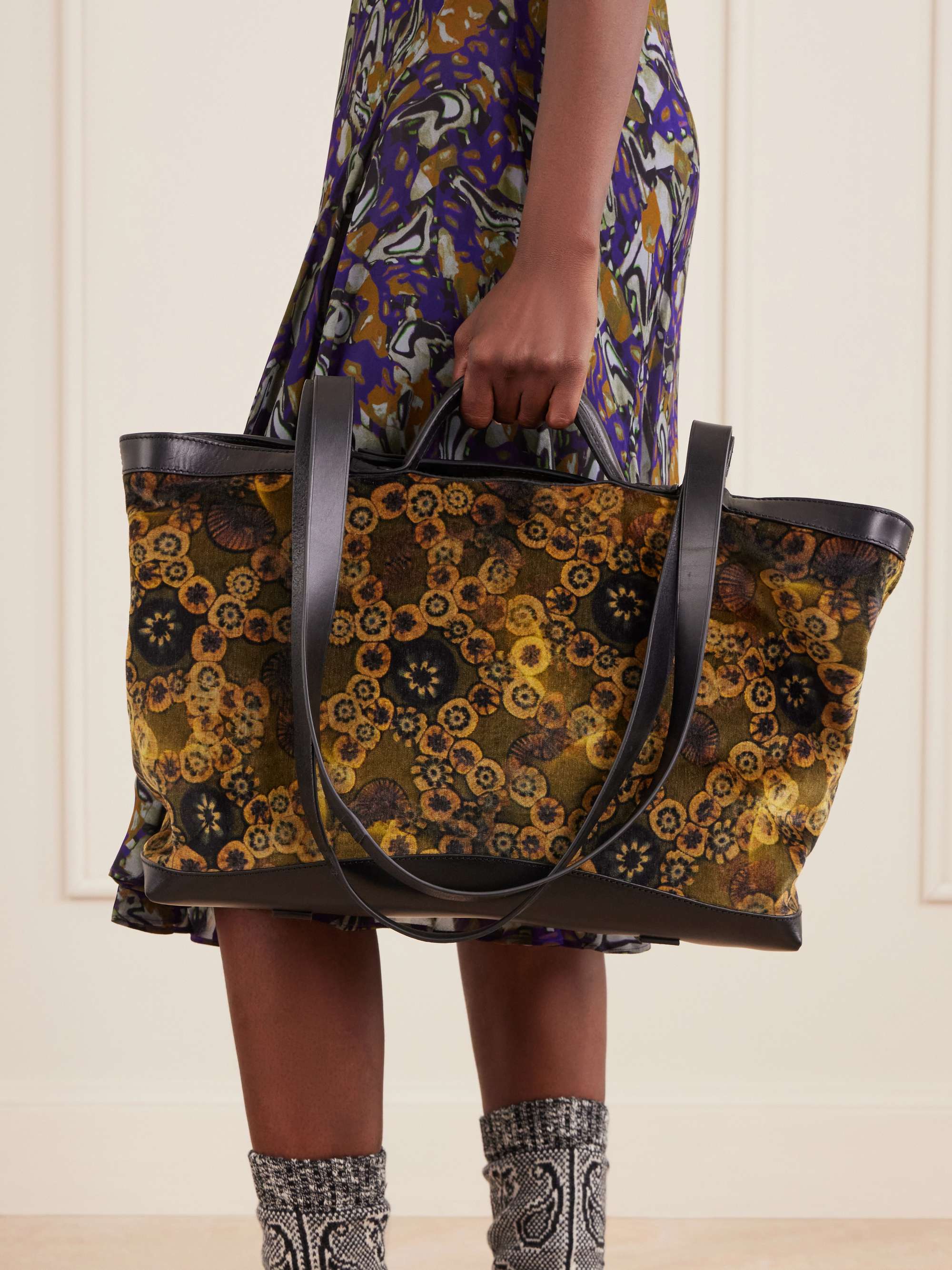 DRIES VAN NOTEN Carter printed leather-trimmed velvet tote | NET-A