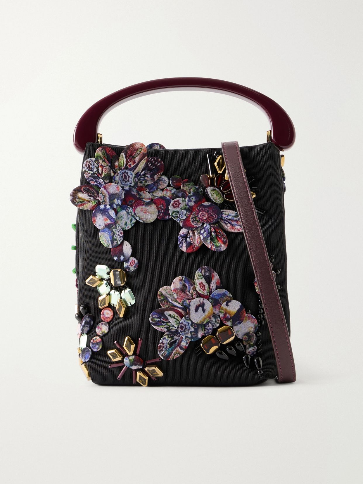 Bead-embellished leather-trimmed mesh tote