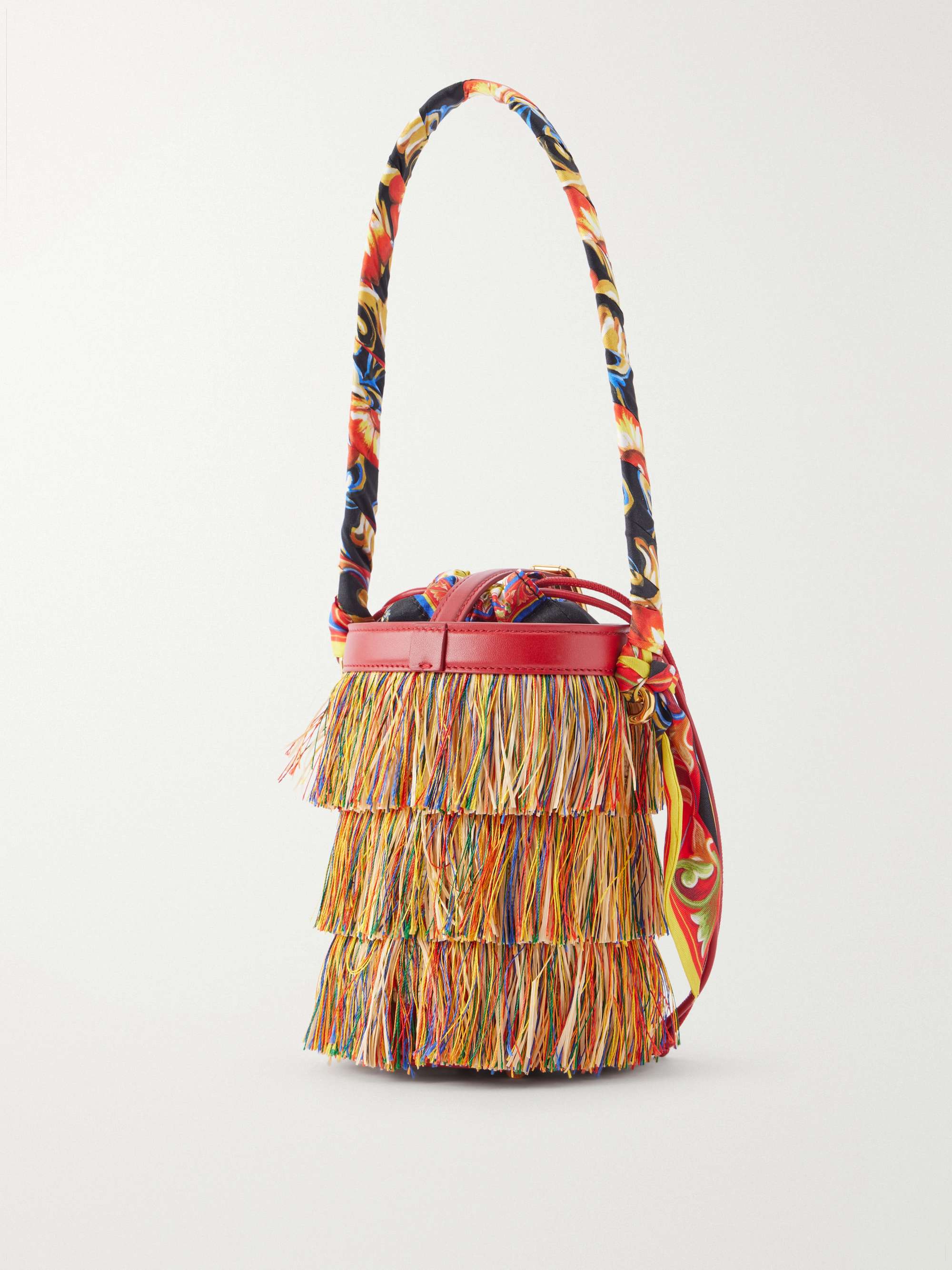 DOLCE&GABBANA Capri fringed leather and twill-trimmed raffia