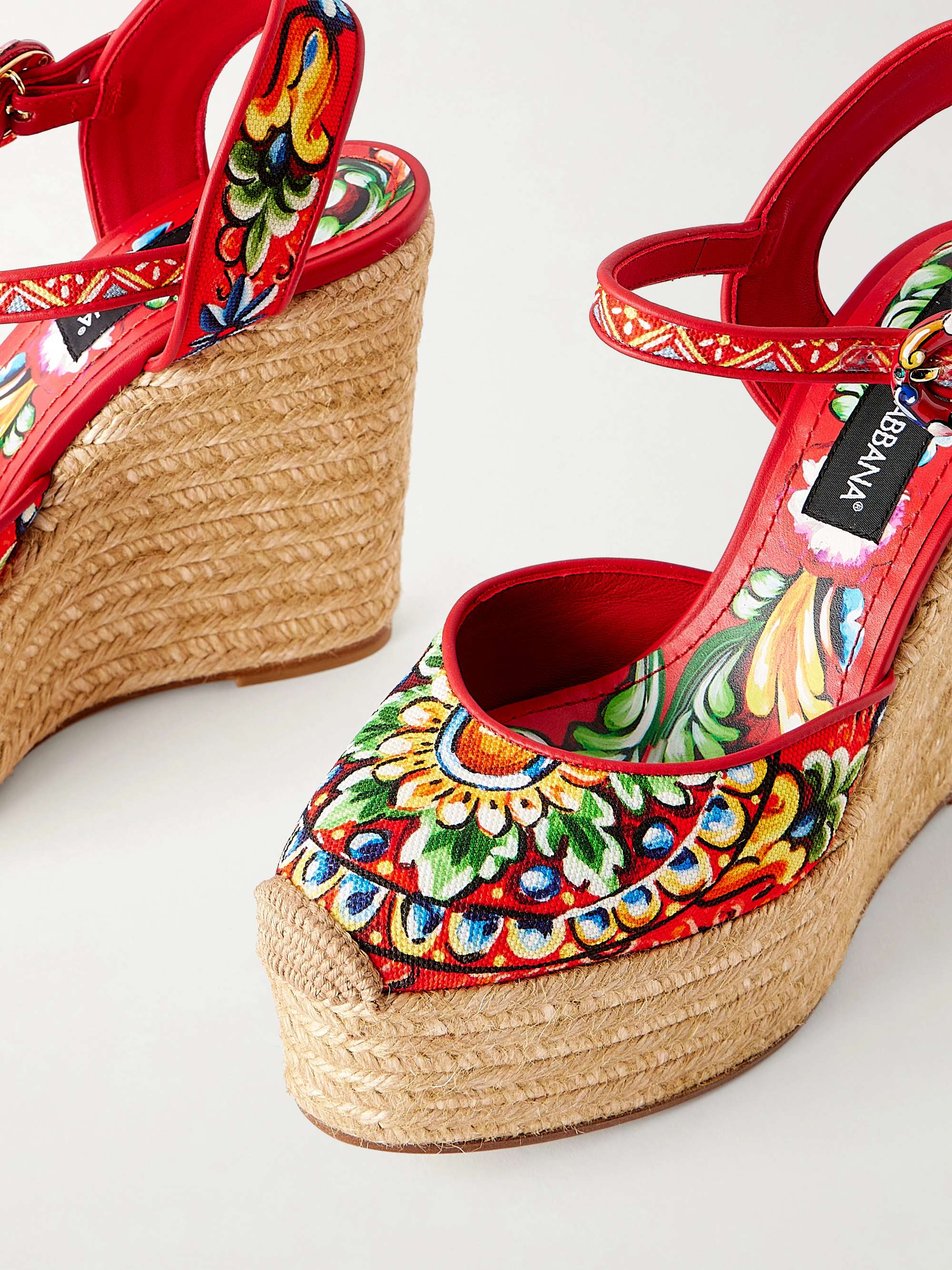 DOLCE&GABBANA Printed leather-trimmed canvas wedge sandals | NET-A