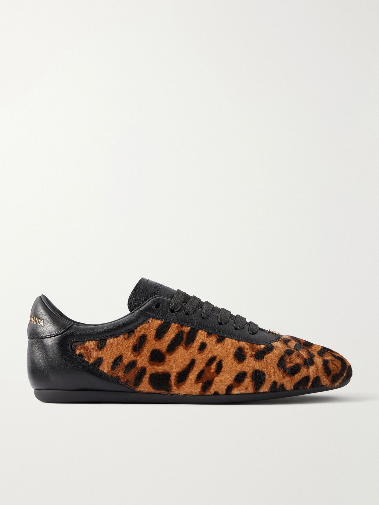 leather trimmed leopard print plush sneakers