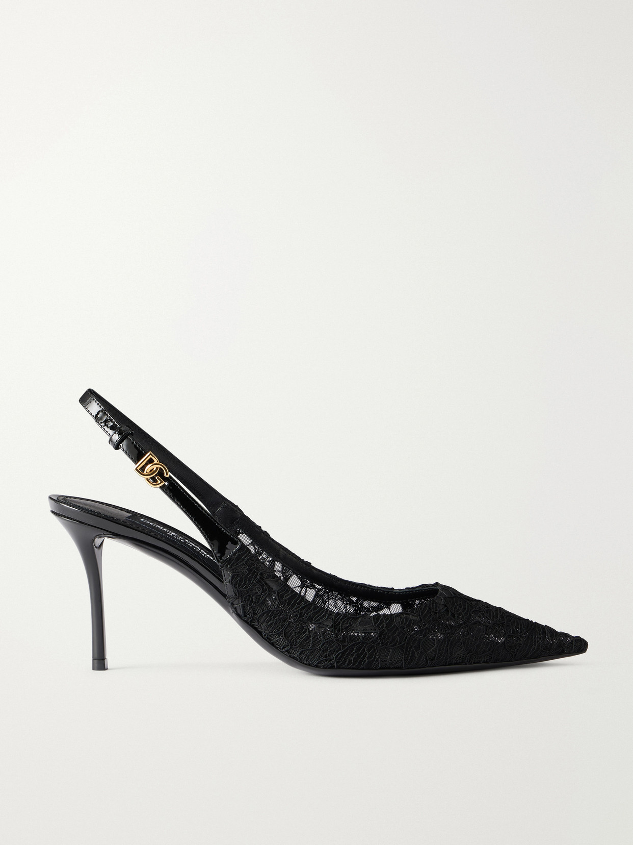 Logo-Detailed Patent Leather-Trimmed Lace Slingback